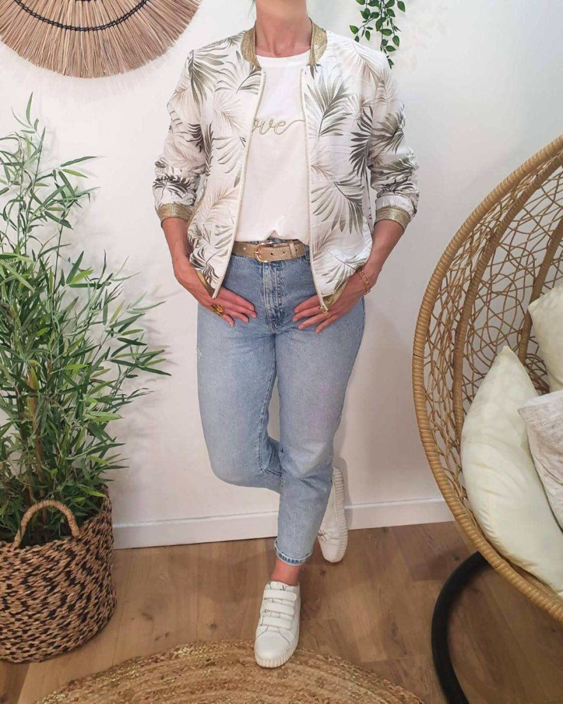 Bombers femme écru feuillages kaki et taupe Ombelline