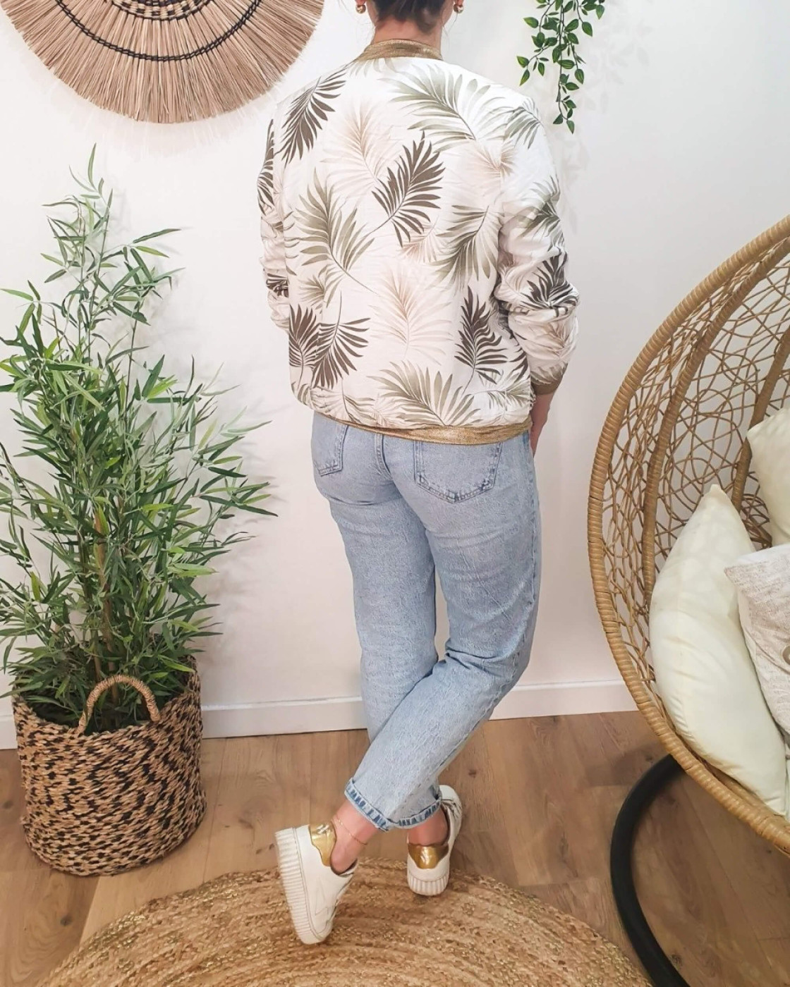 Bombers femme écru feuillages kaki et taupe Ombelline