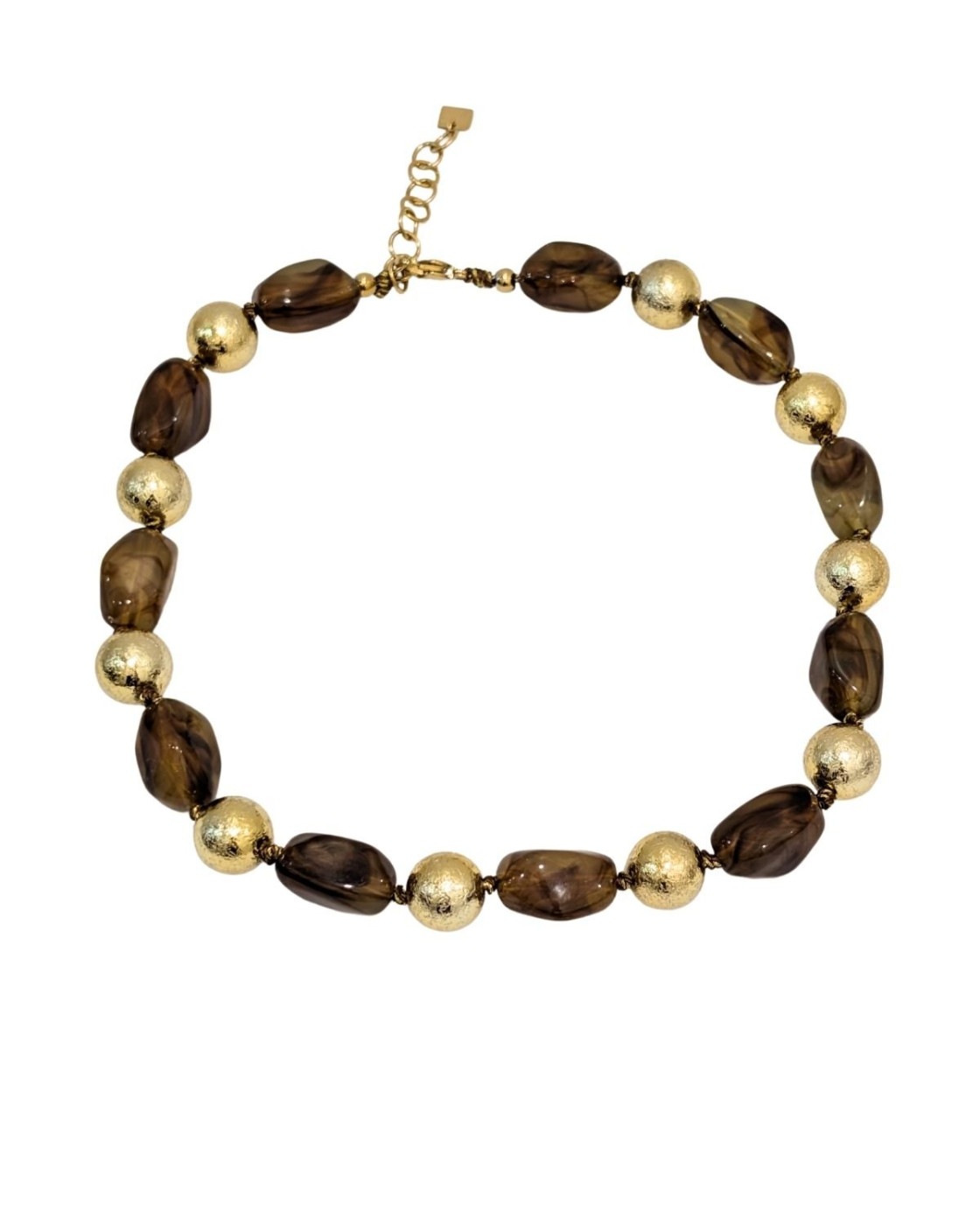 Collier femme acier inoxydable résine camel et billes dorées