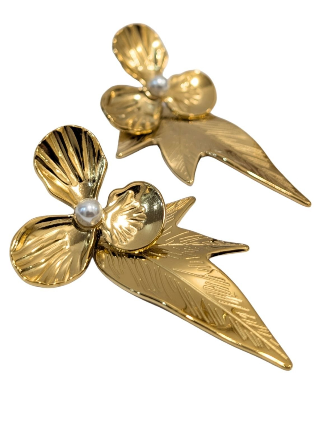 Boucles d'oreilles femme acier doré fleur et perle