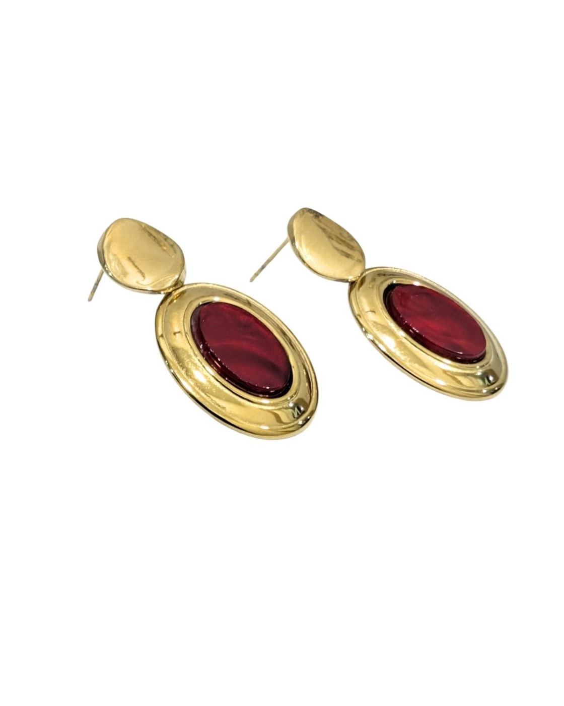Boucles d'oreilles femme acier doré ovale rouge 