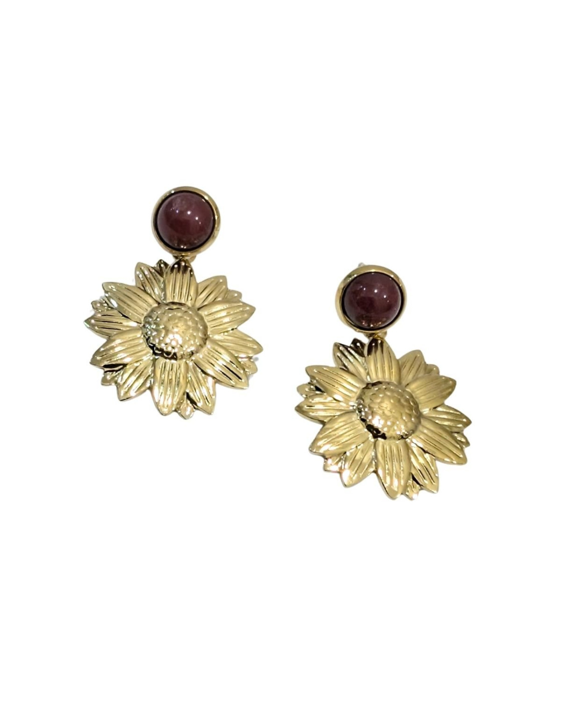 Boucles d'oreilles femme acier puce bordeaux et fleur dorée