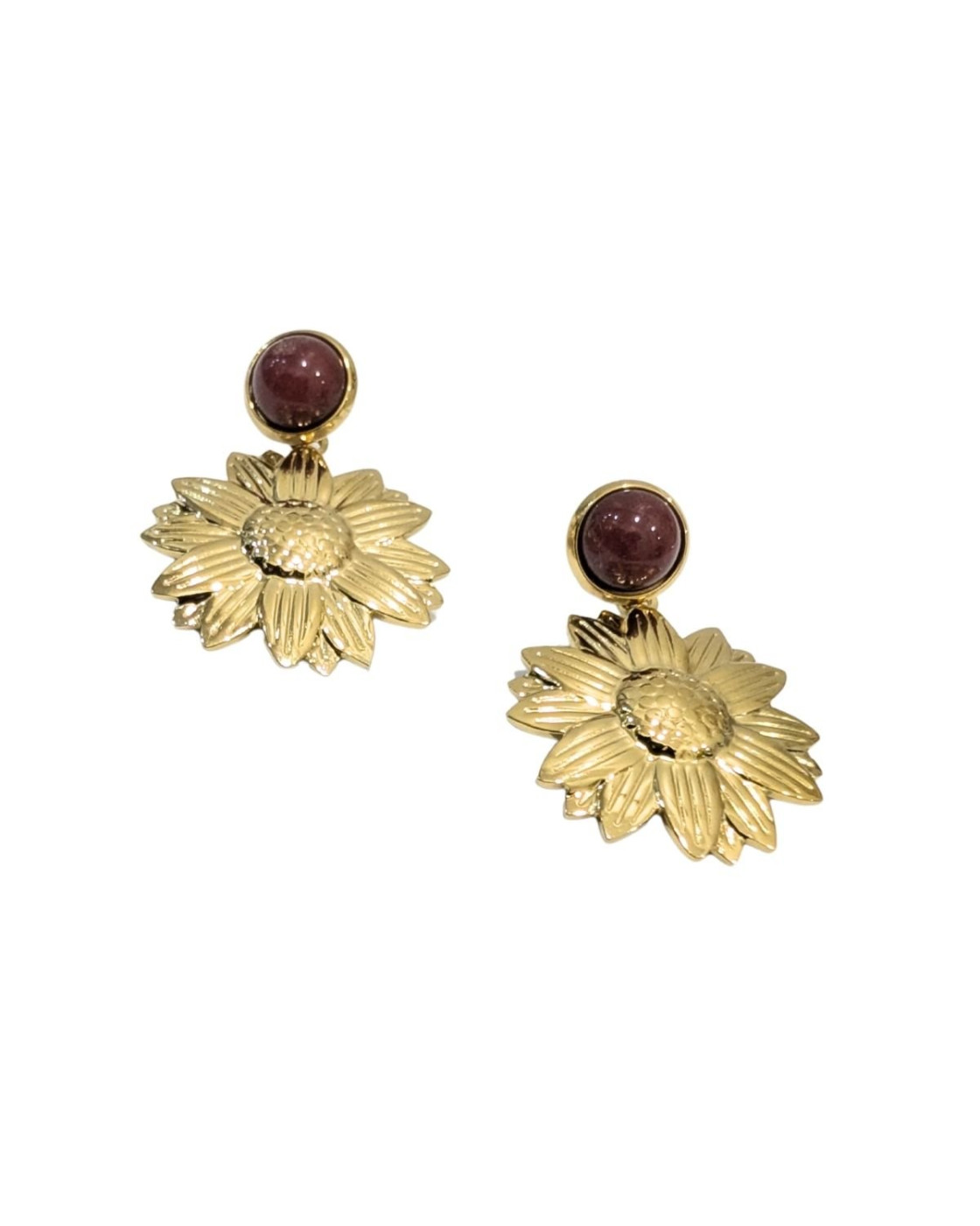 Boucles d'oreilles femme acier puce bordeaux et fleur dorée