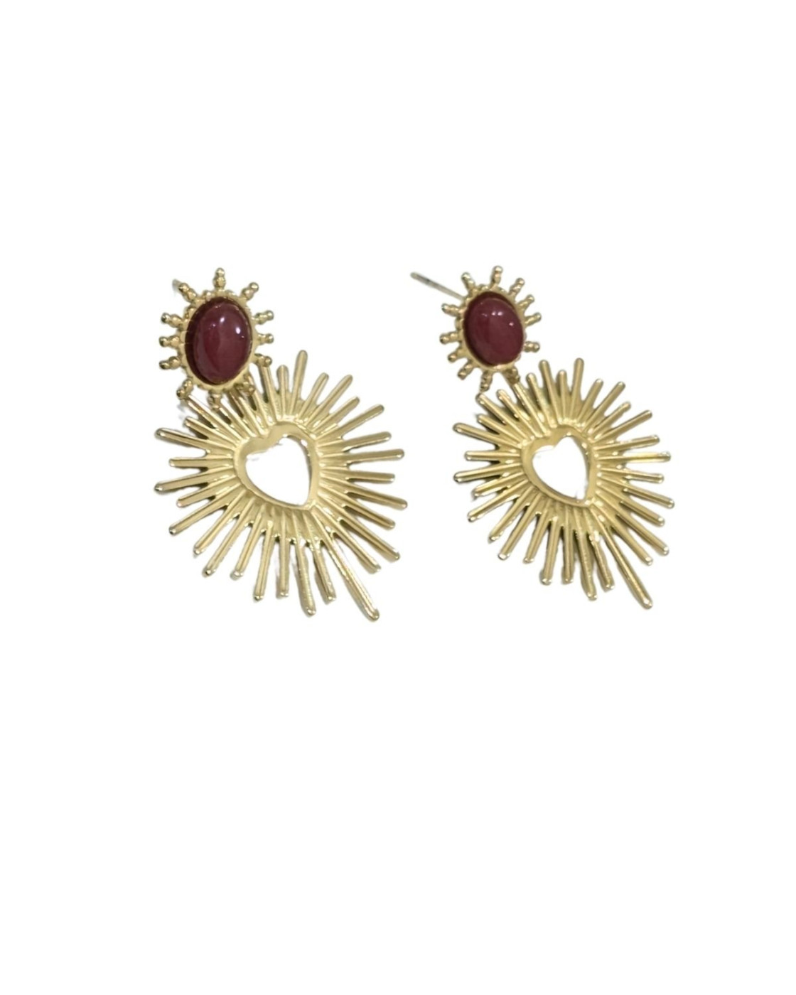 Boucles d'oreilles femme acier doré puce bordeaux coeur rayons