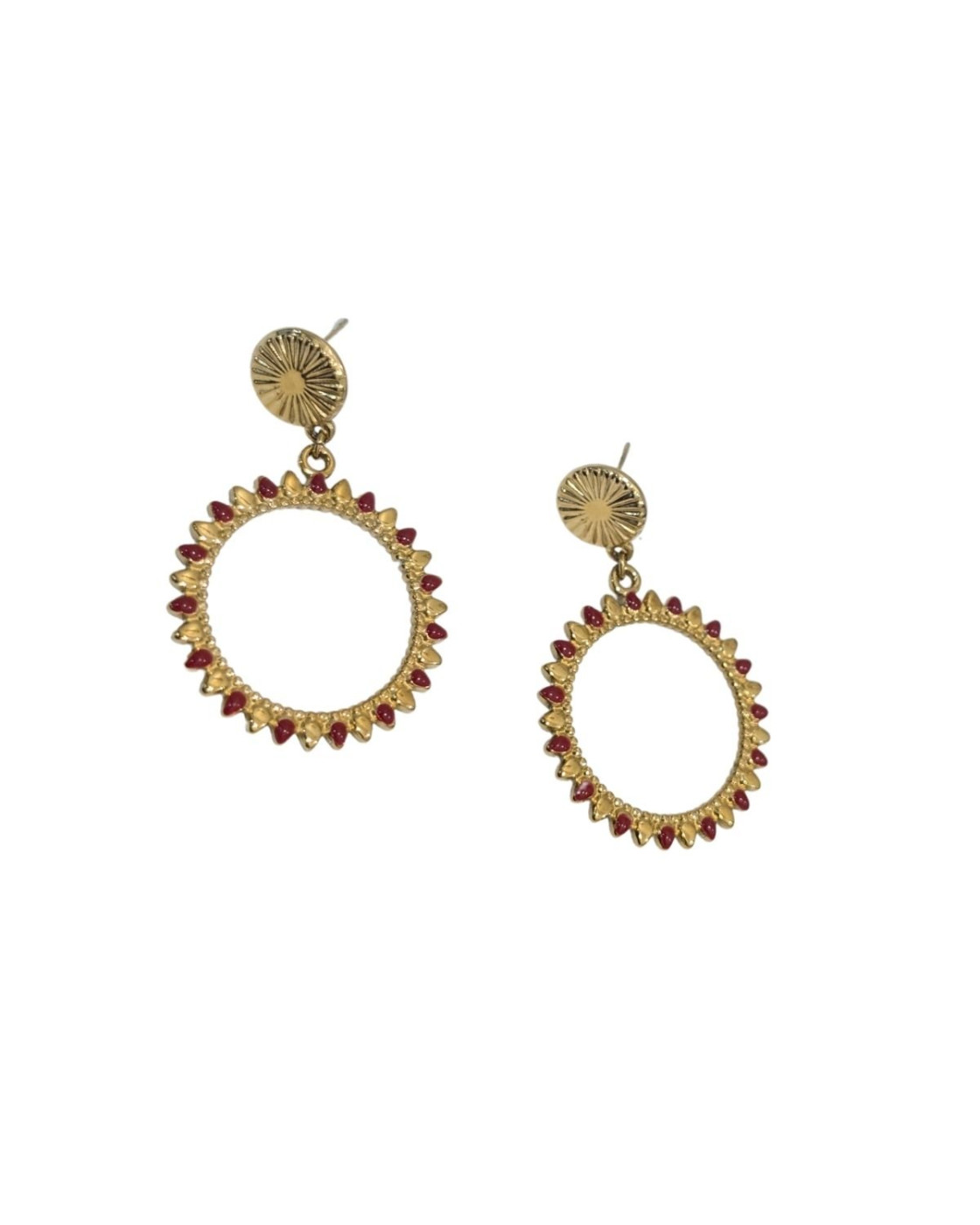Boucles d'oreilles femme acier doré cercle gouttes bordeaux