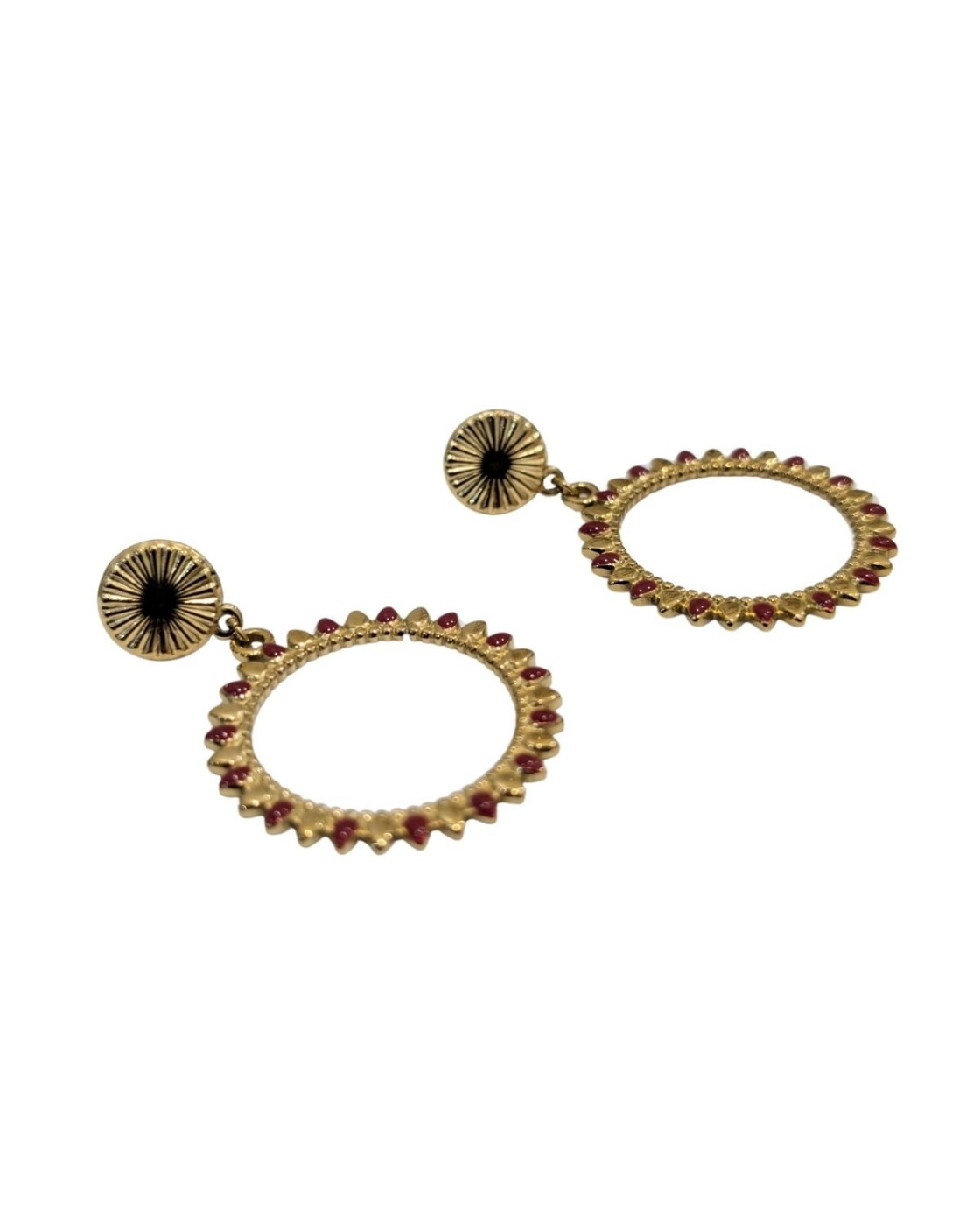 Boucles d'oreilles femme acier doré cercle gouttes bordeaux