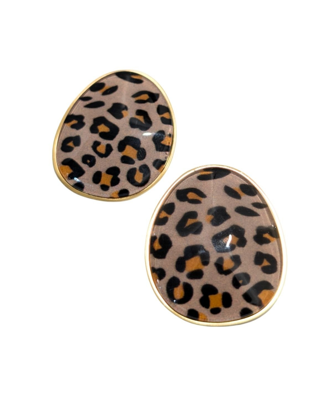 Boucles d'oreilles femme acier doré galet léopard
