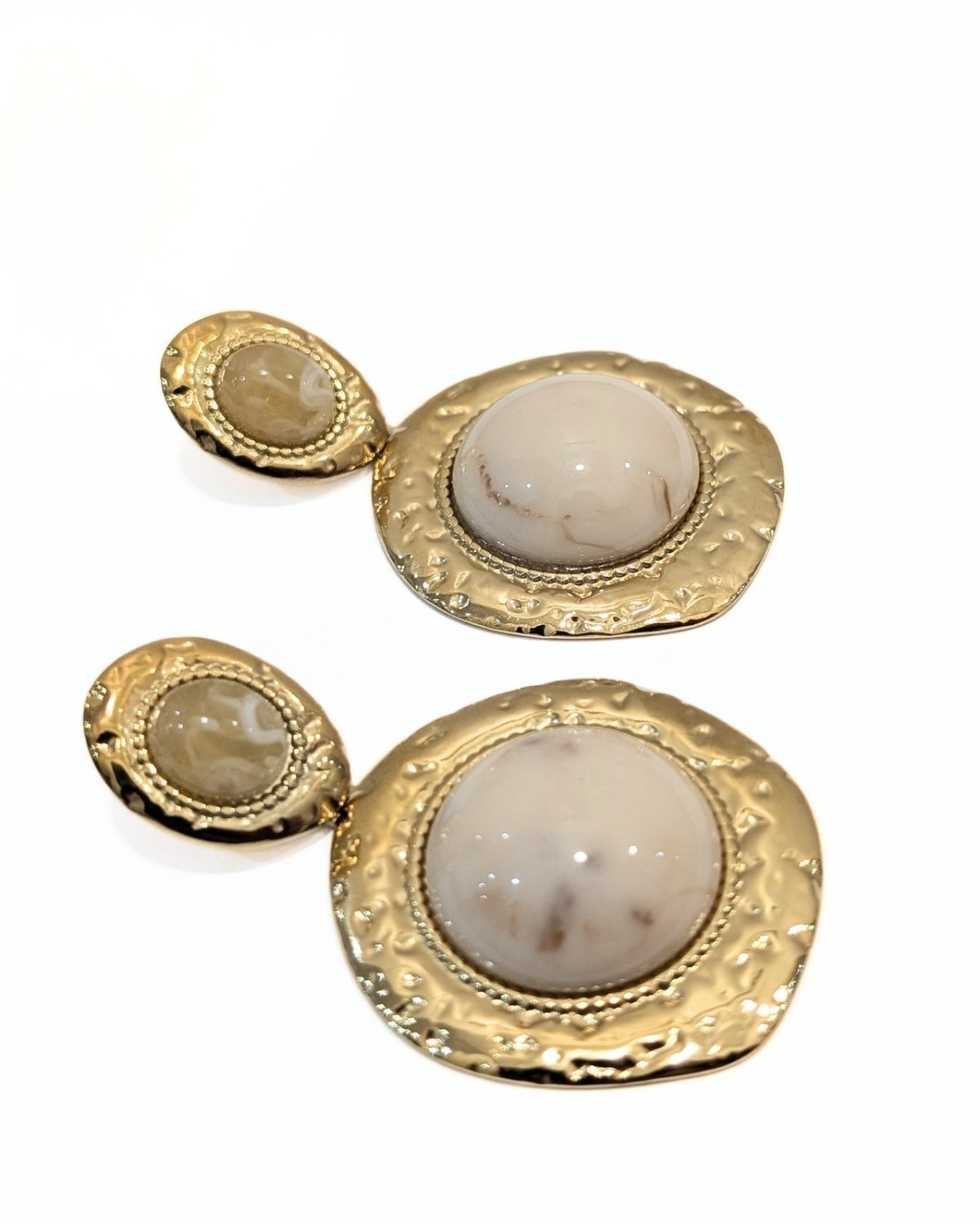 Boucles d'oreilles femme double médiallon acier doré et pierres