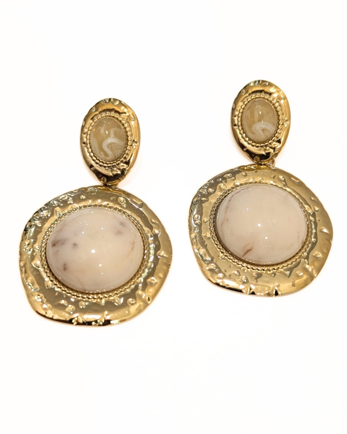 Boucles d'oreilles femme double médiallon acier doré et pierres
