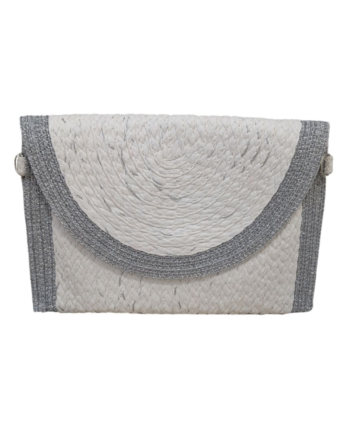 Pochette femme papier tissé blanche rebords lurex argentés