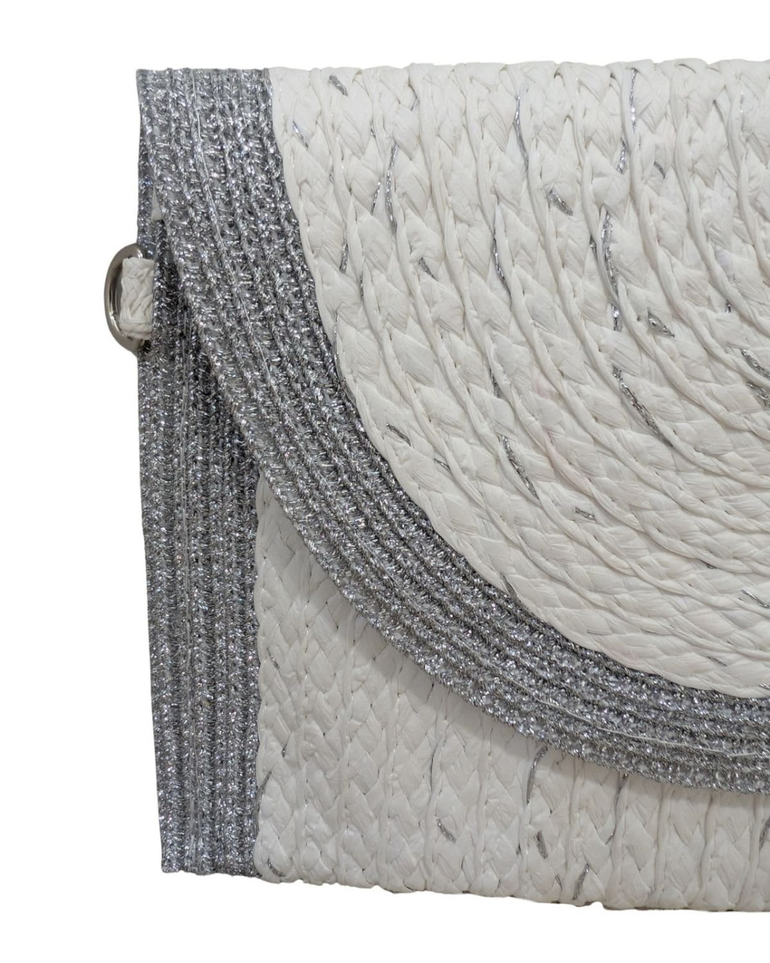 Pochette femme papier tissé blanche rebords lurex argentés