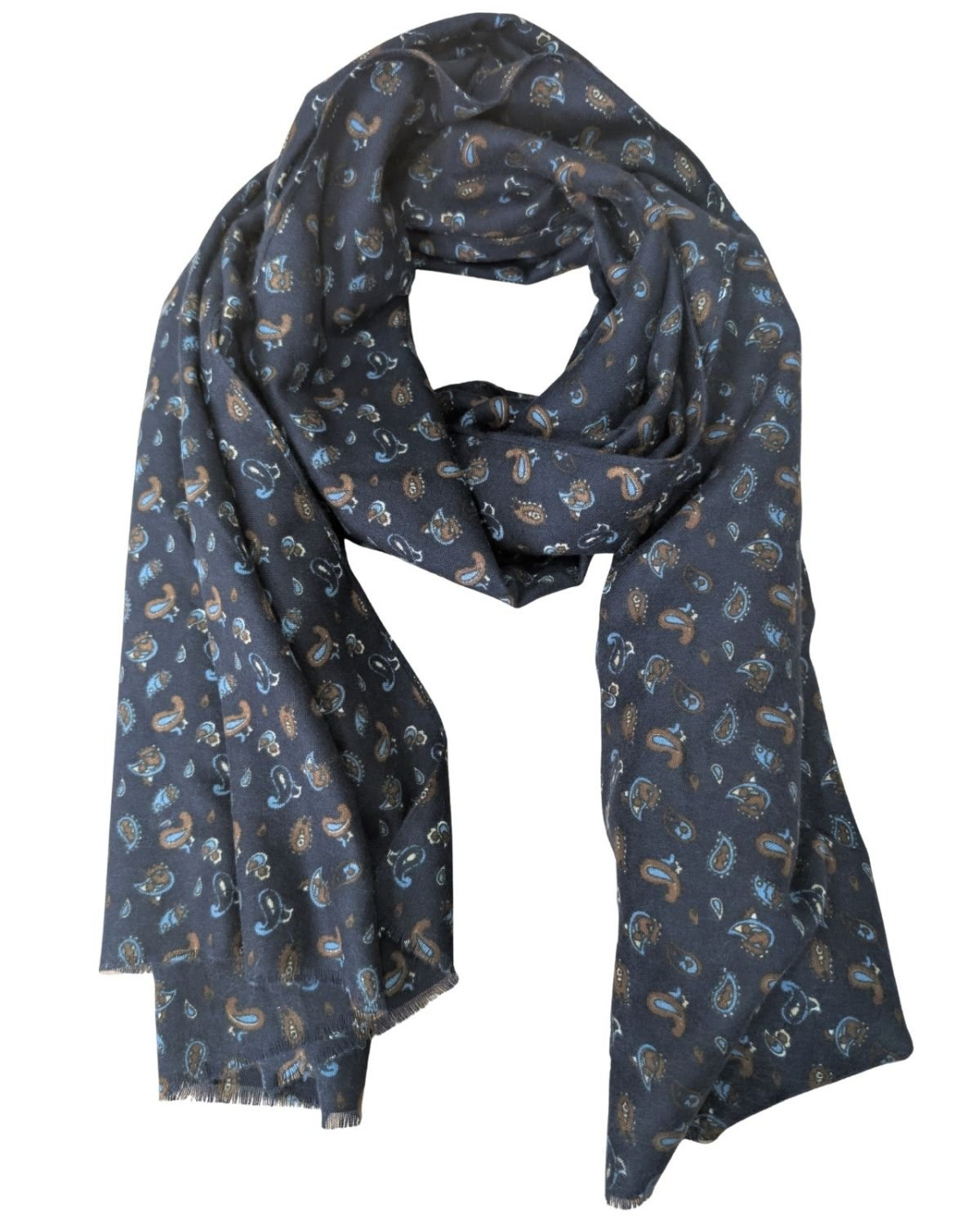 Echarpe femme marine imprimés cachemires marrons et bleus