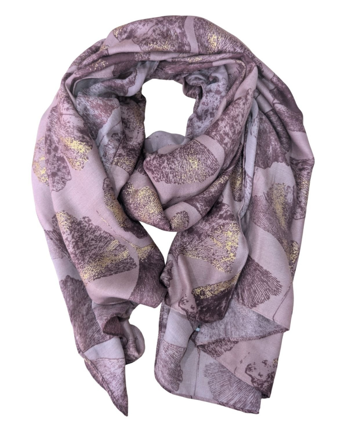 Echarpe femme rose fleurs prunes et dorées