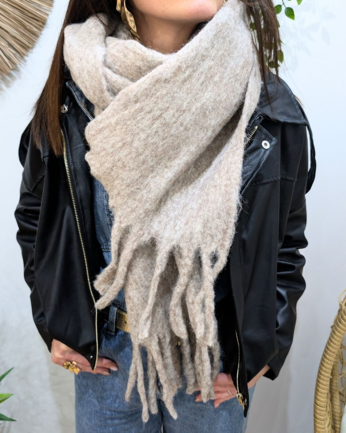 Grosse écharpe femme laine chinée à franges Aminta