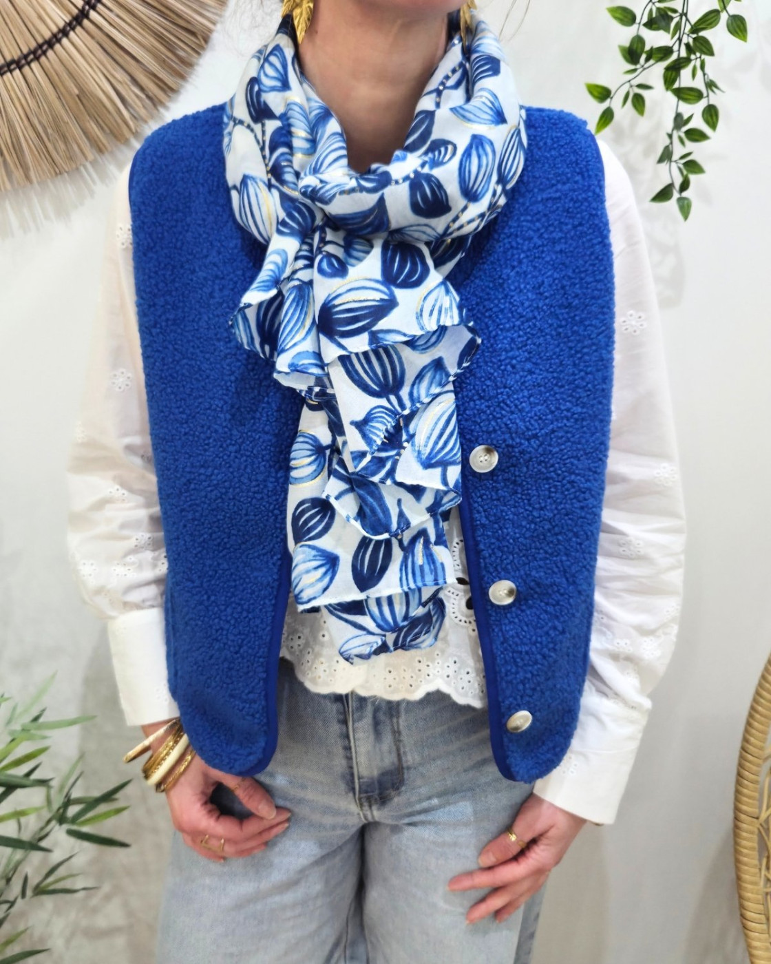 Foulard femme fleurs rayées et dorures