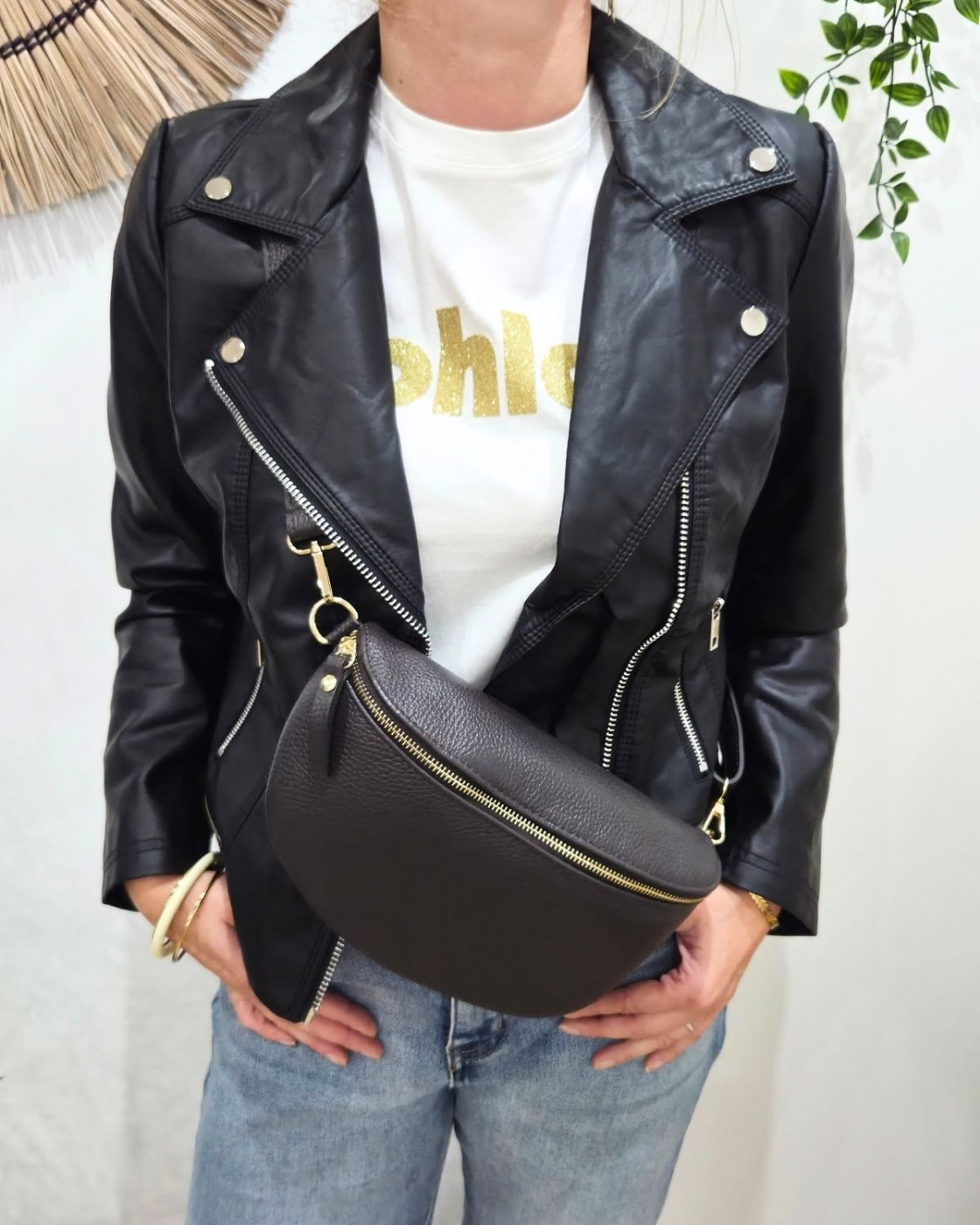 Sac banane femme cuir effet craquelé bandoulière