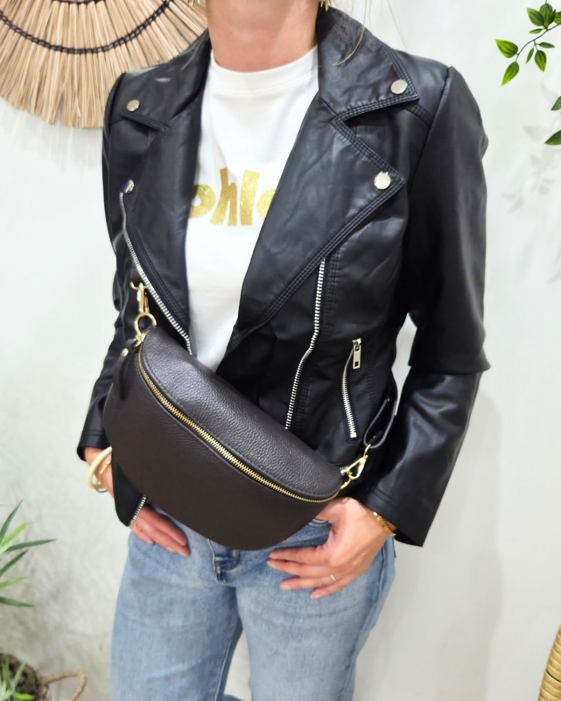 Sac banane femme cuir effet craquelé bandoulière