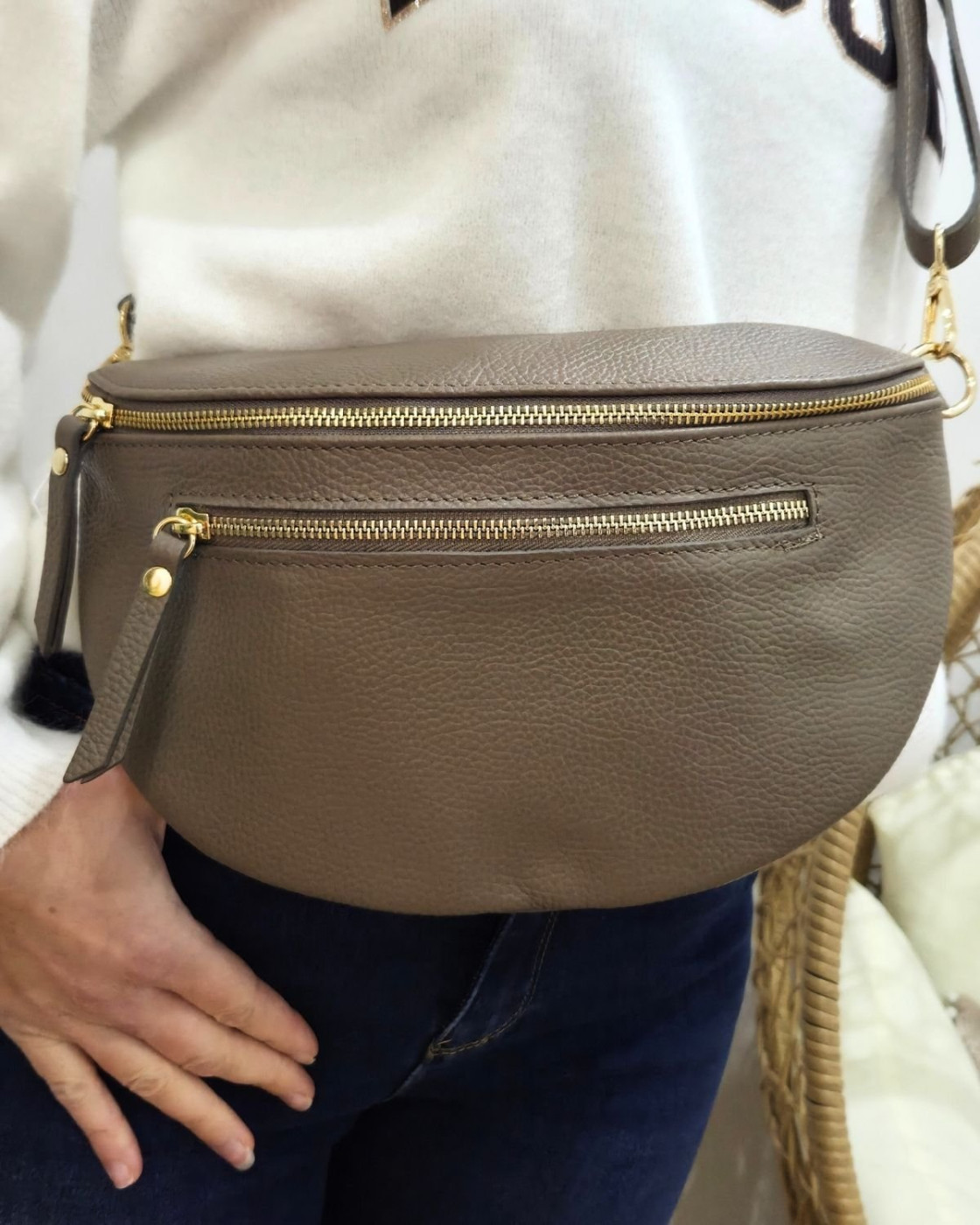 Sac banane cuir femme double zip Saphora