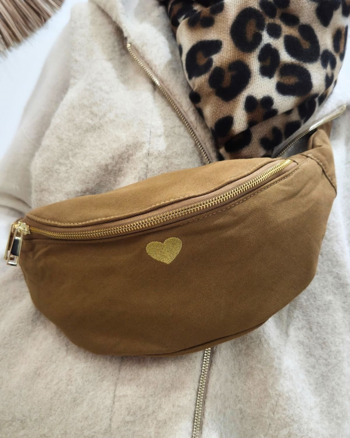 Sac banane femme coton coeur brodé doré