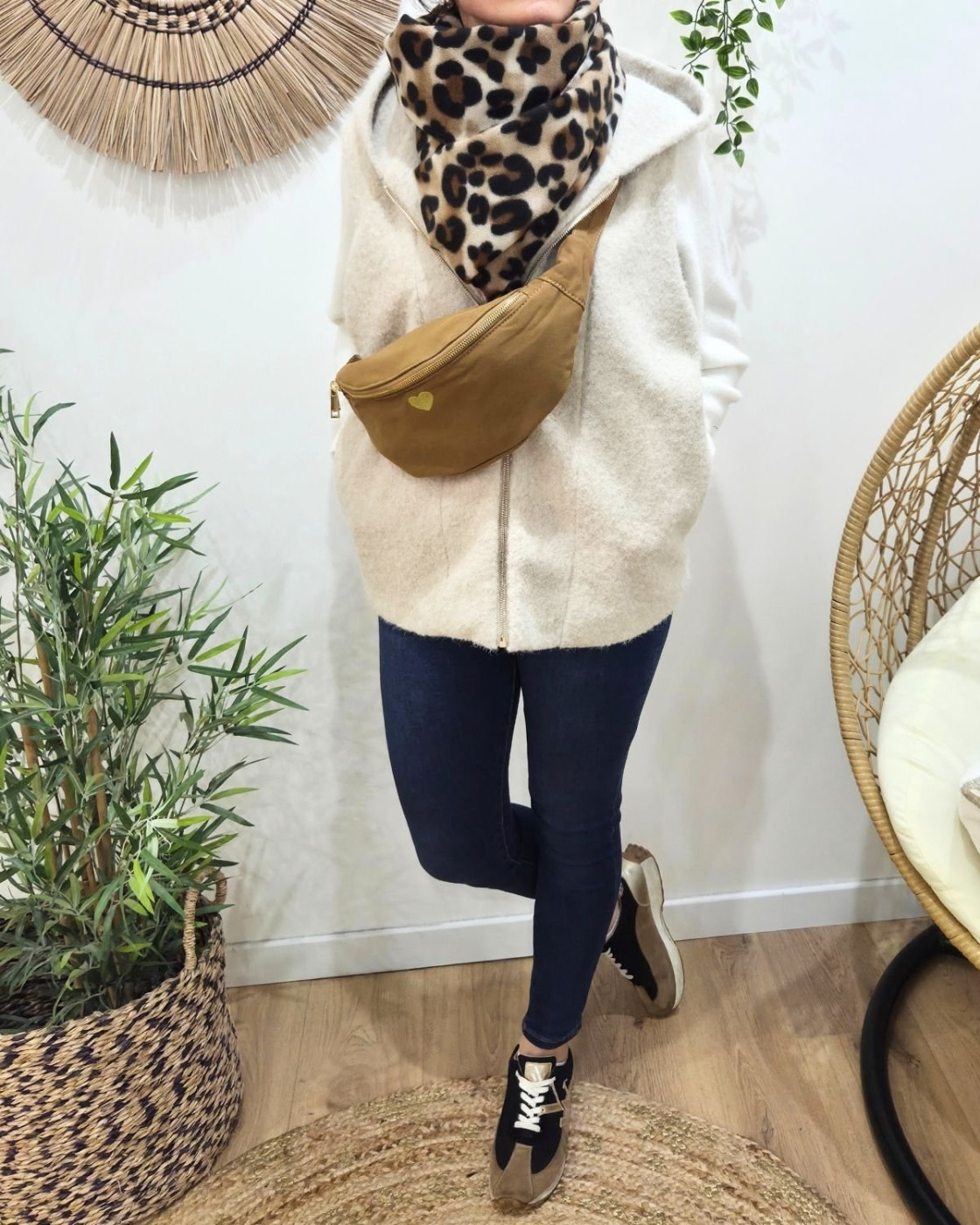 Sac banane femme coton coeur brodé doré