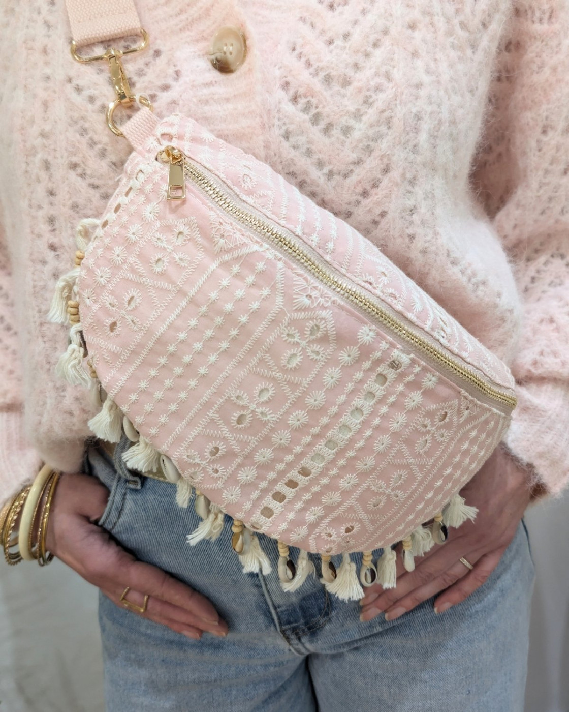 Sac banane femme coton broderies fleuries et coquillages