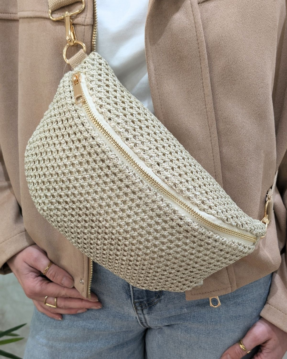 Sac banane femme crochet pailleté doré