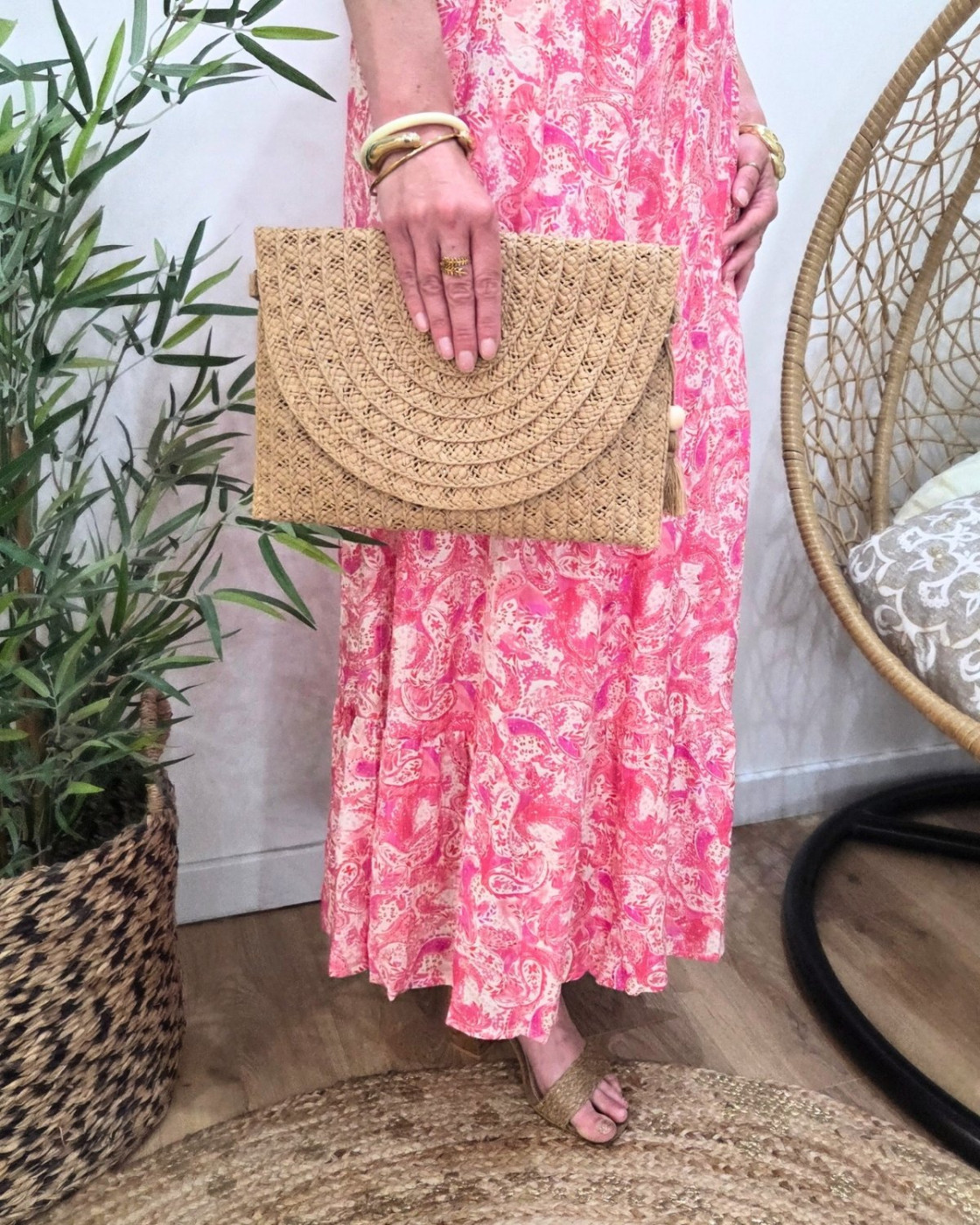Sac pochette femme paille tresseée avec pompon