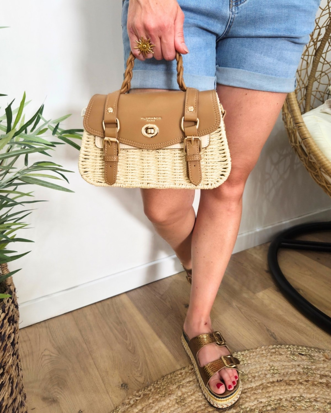 Sac à main et à bandoulière en paille rigide et simili cuir tressé
