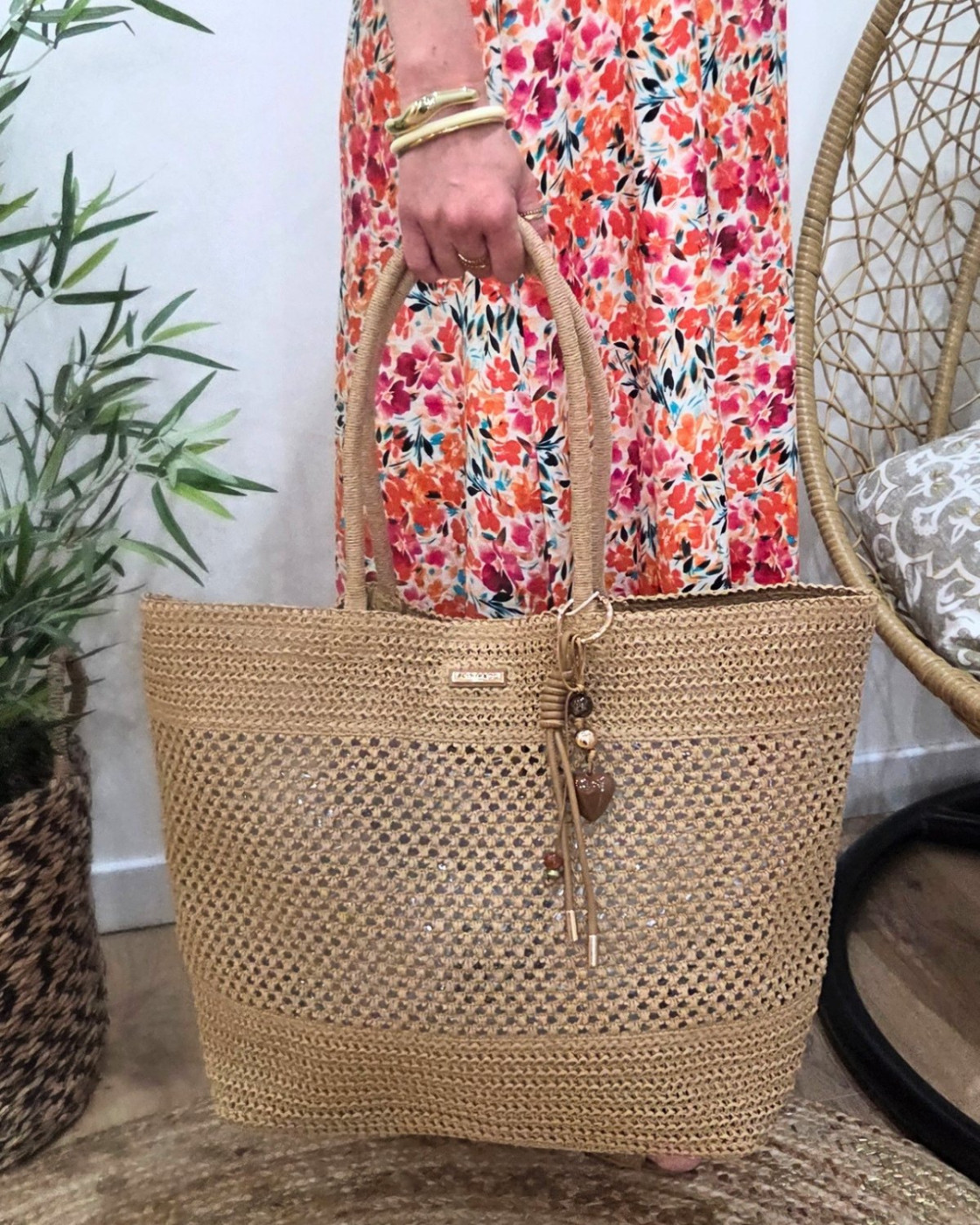 Grand sac cabas en paille porte clés coeur