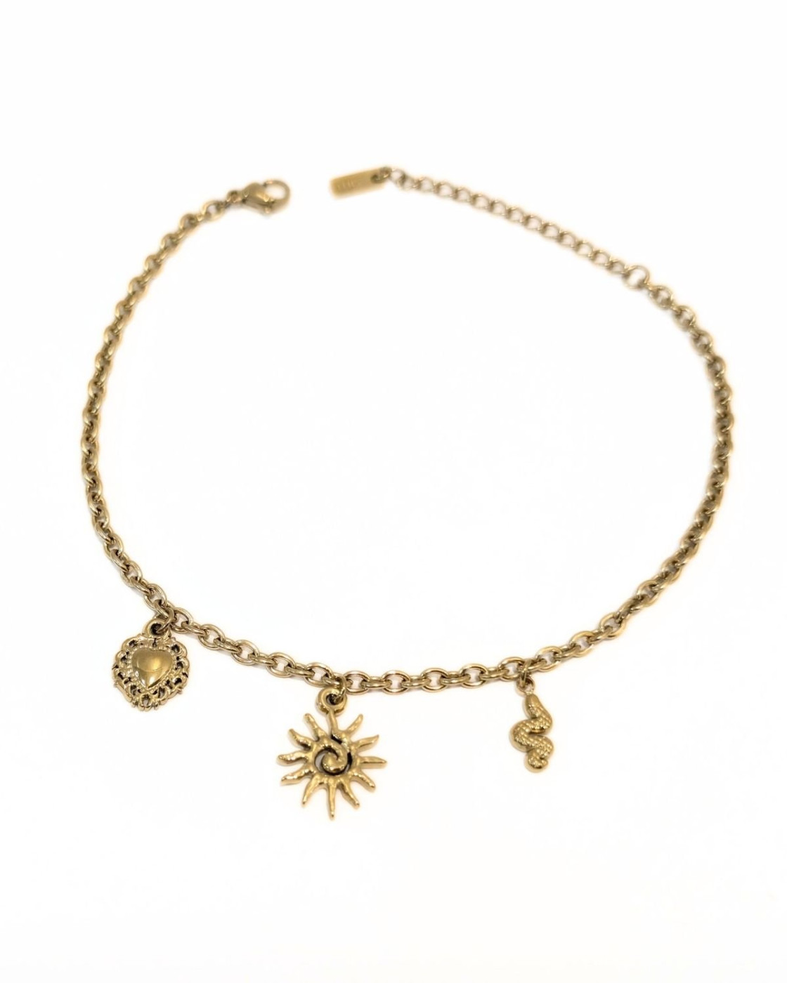 Chaine de cheville acier doré pendentifs soleil coeur et serpent
