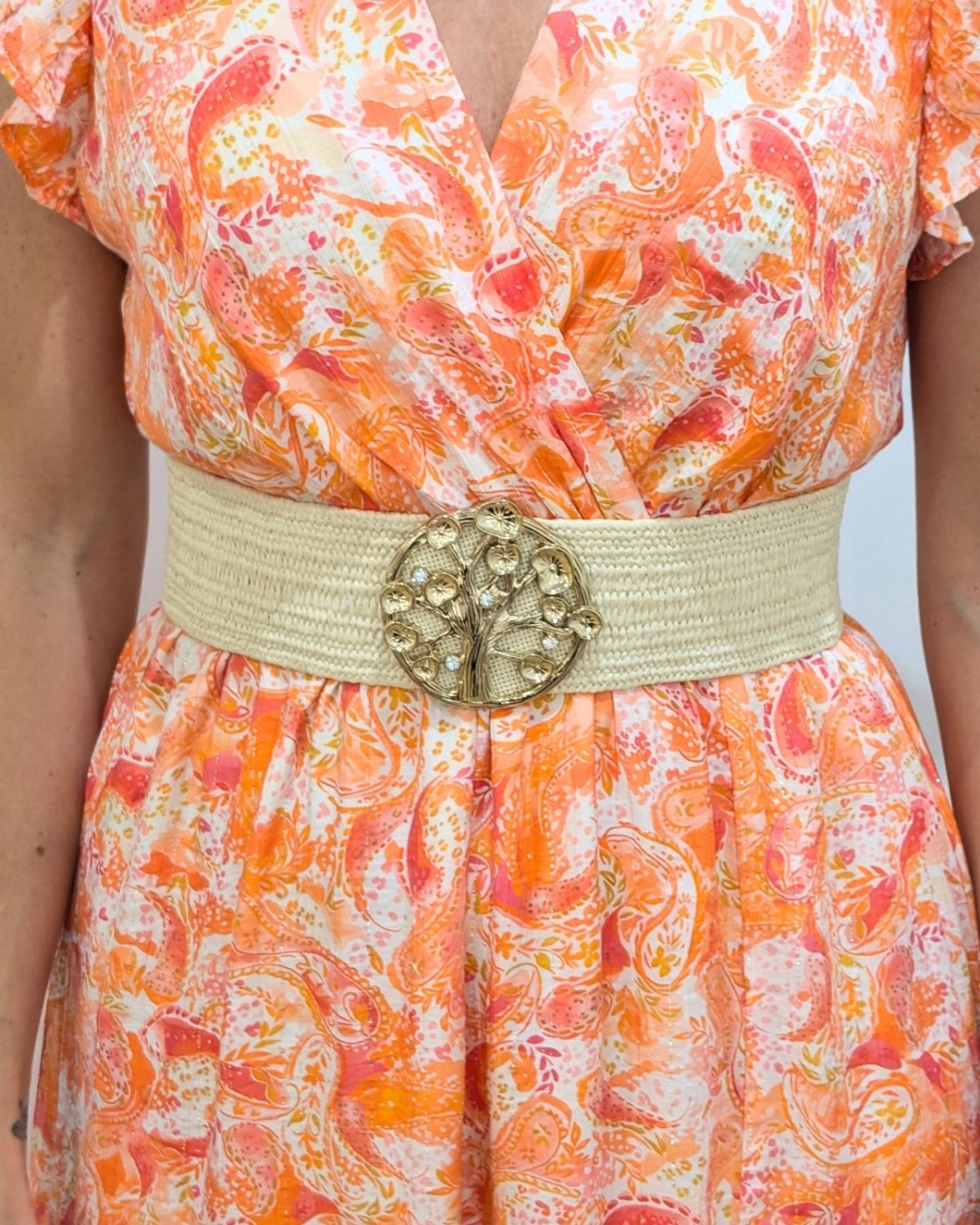Ceinture élastique effet paille tressée boucle dorée arbre de vie strass