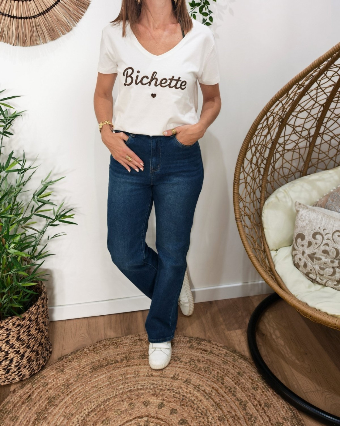 T-Shirt femme blanc broderie bichette marron