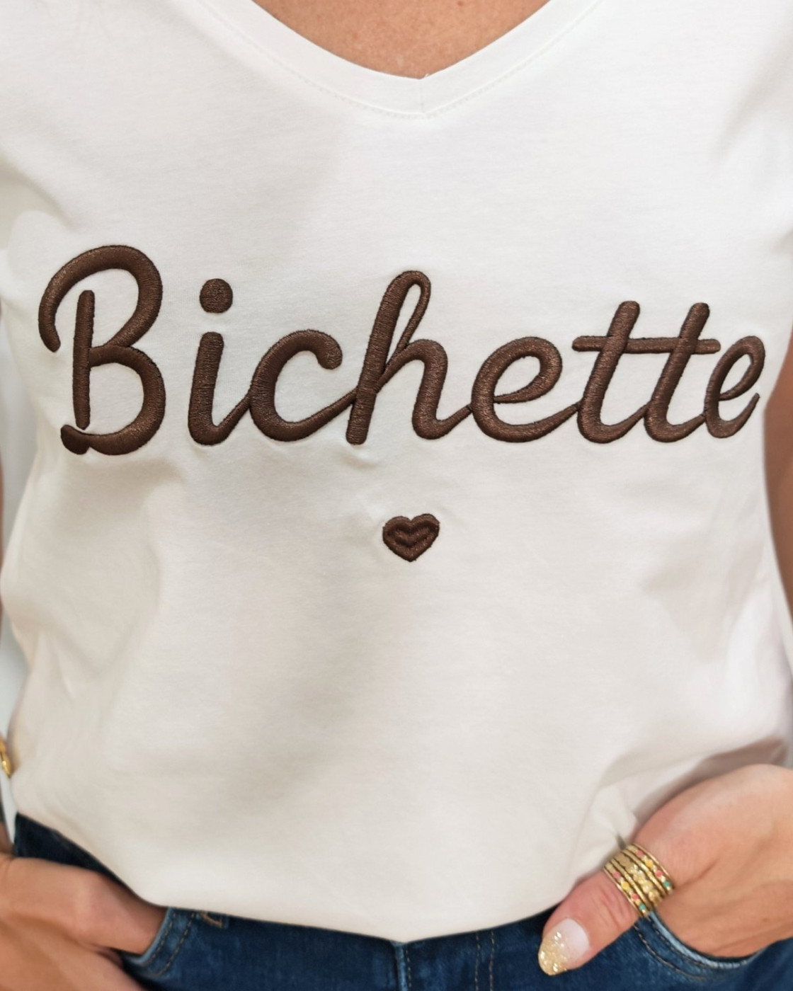 T-Shirt femme blanc broderie bichette marron