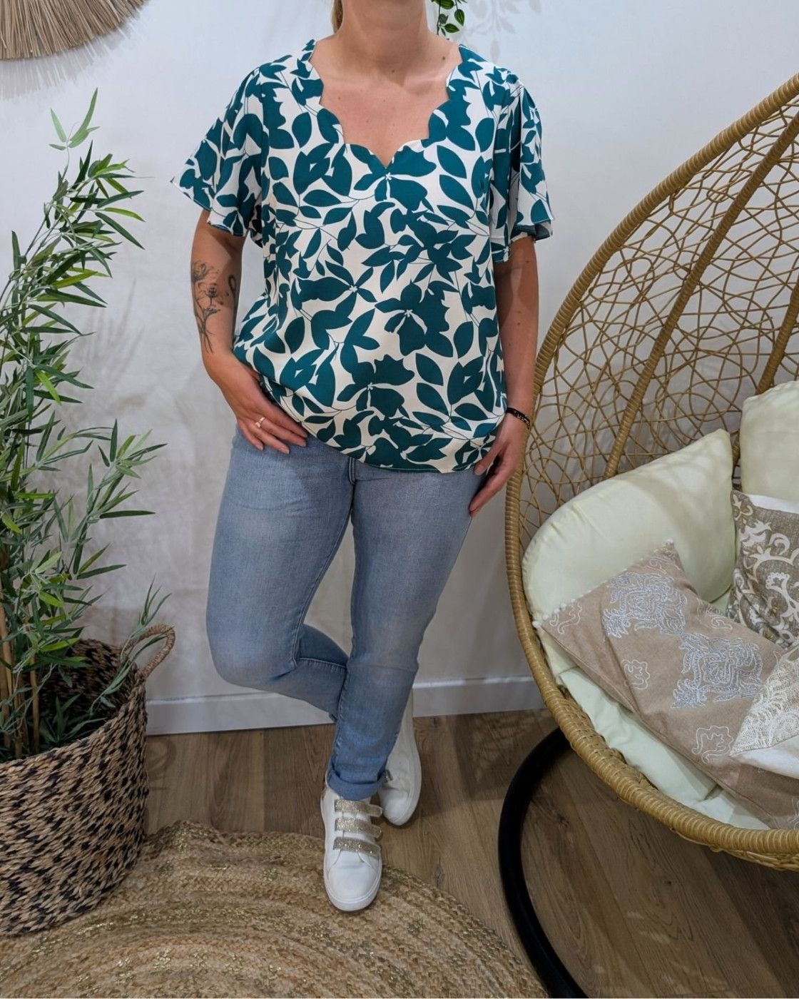 Blouse femme verte manches volantes Soizic