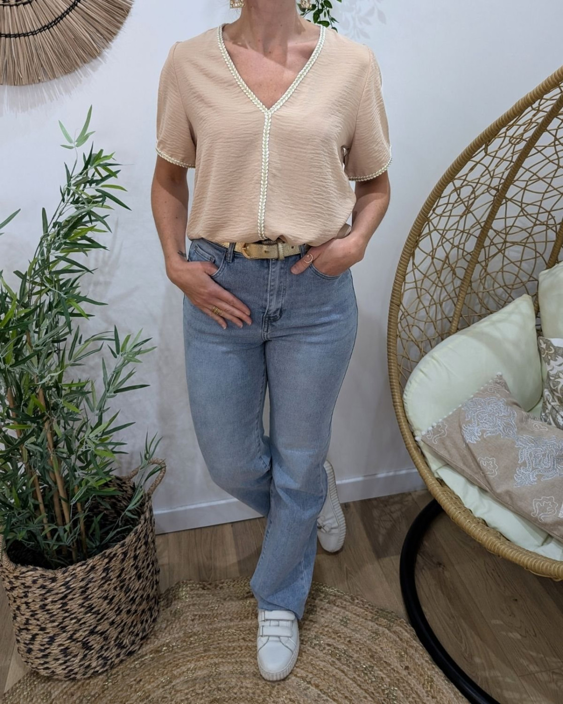 Blouse femme beige tressée écrue et dorée Saphira