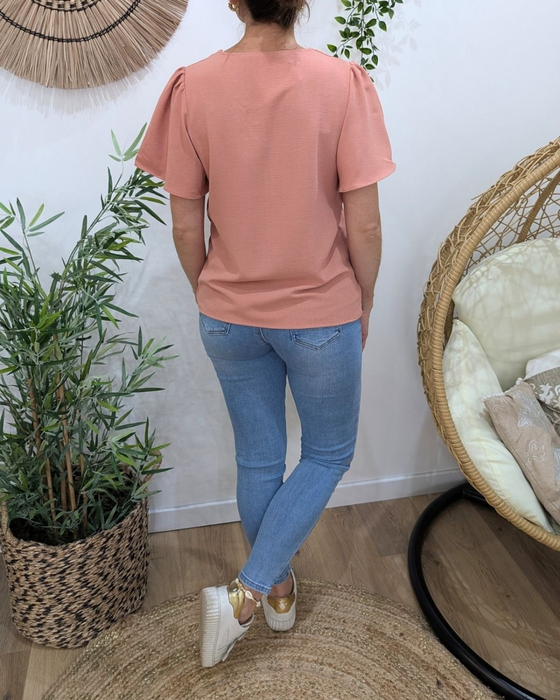 Blouse femme vieux rose col brodé Amalie