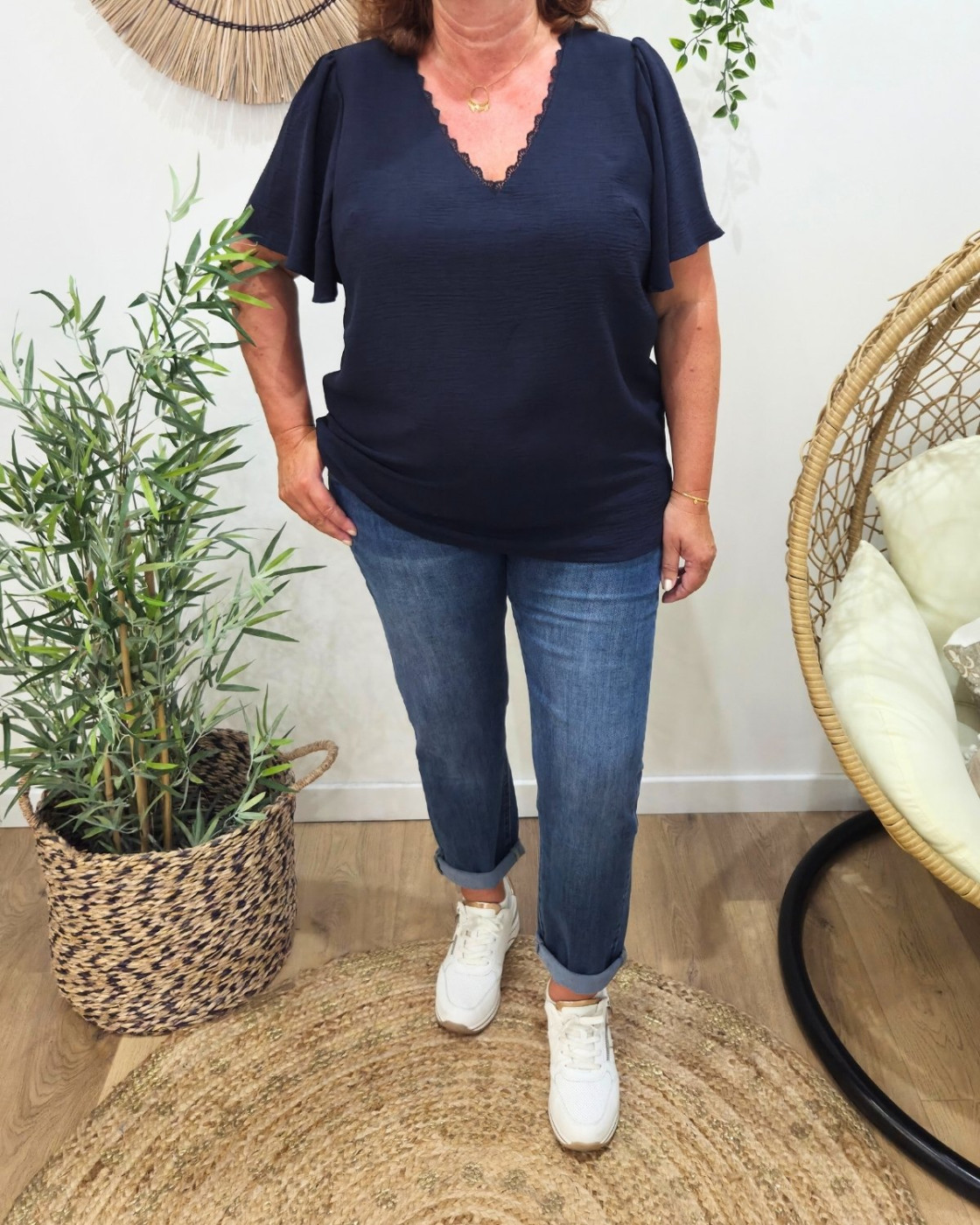 Blouse femme marine col brodé Amalie