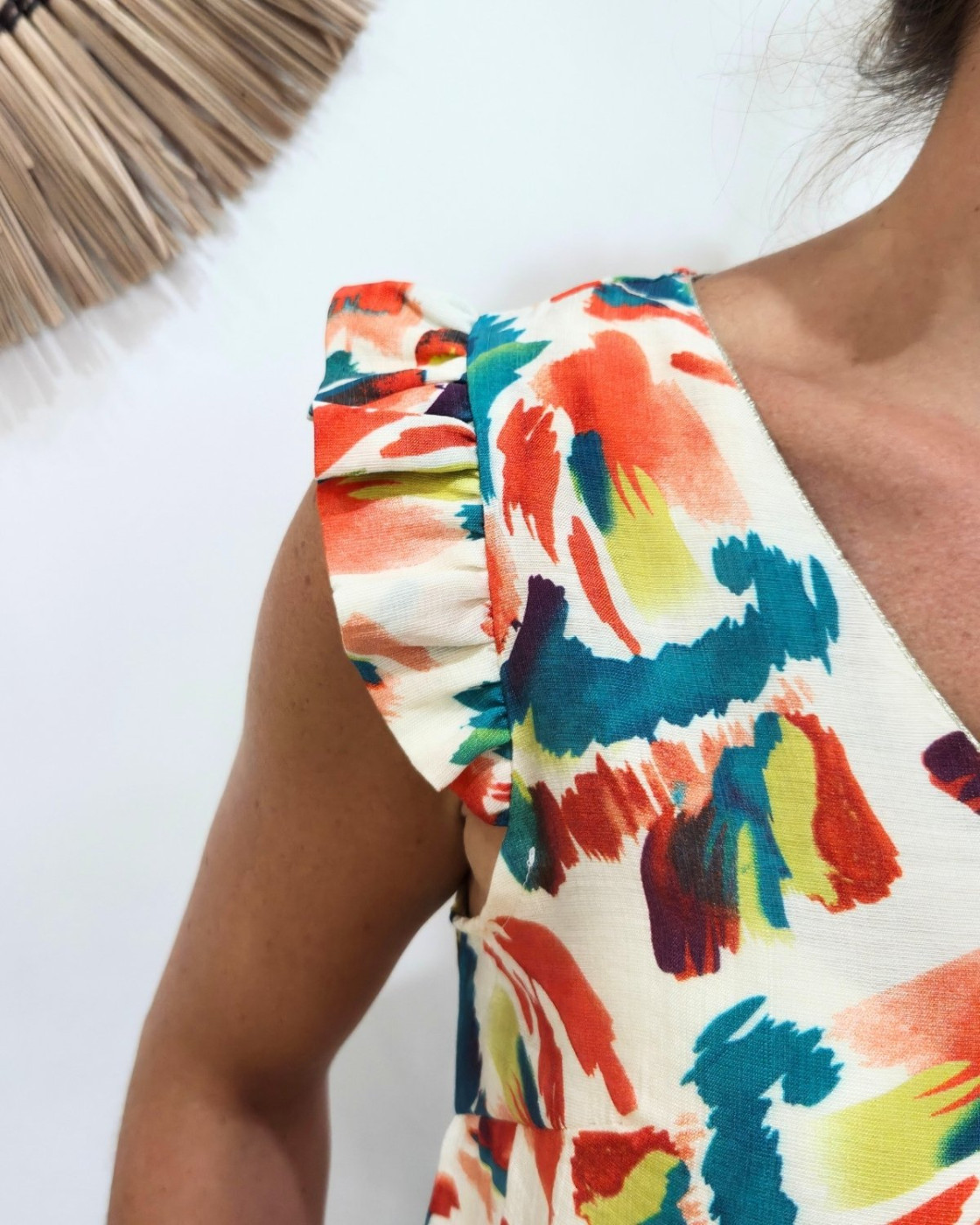 Blouse femme coton écru motifs multicolores Bernadette