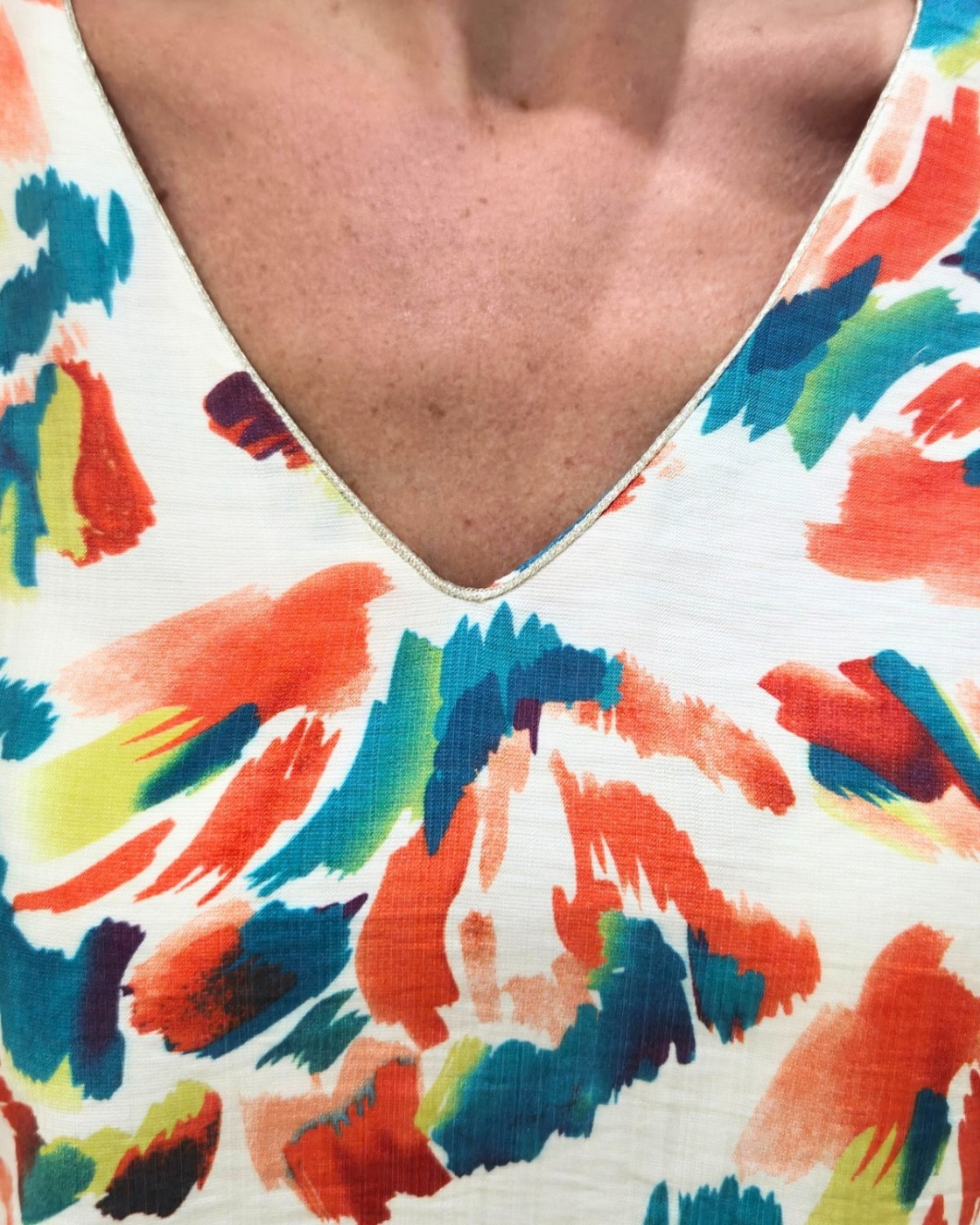 Blouse femme coton écru motifs multicolores Bernadette