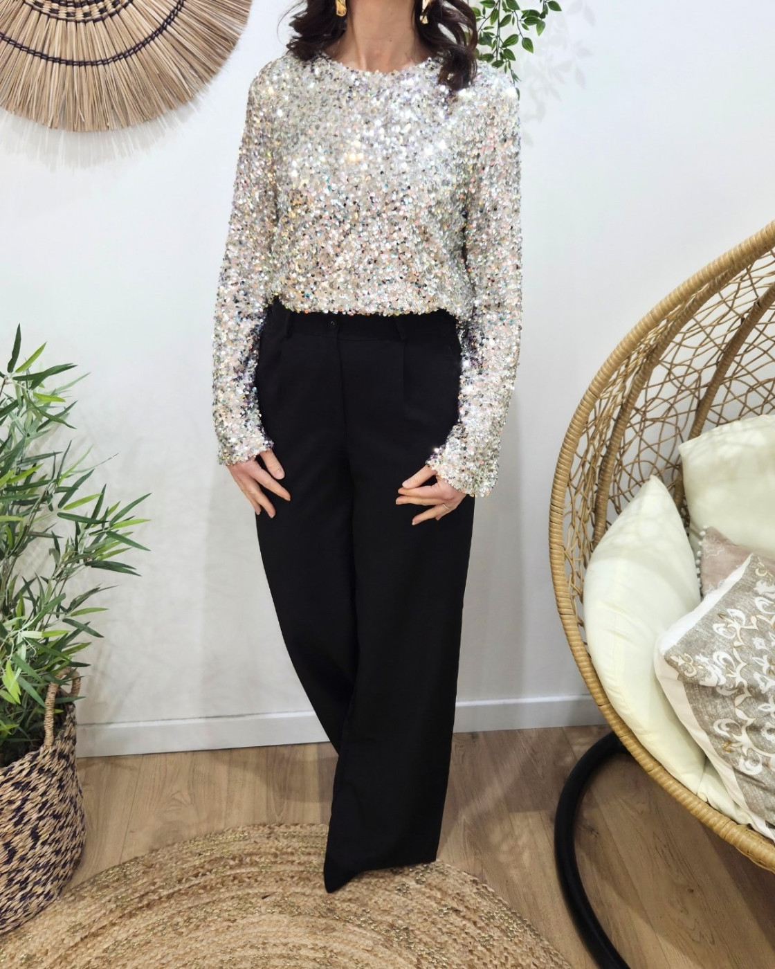 Blouse femme à sequins argents manches longues