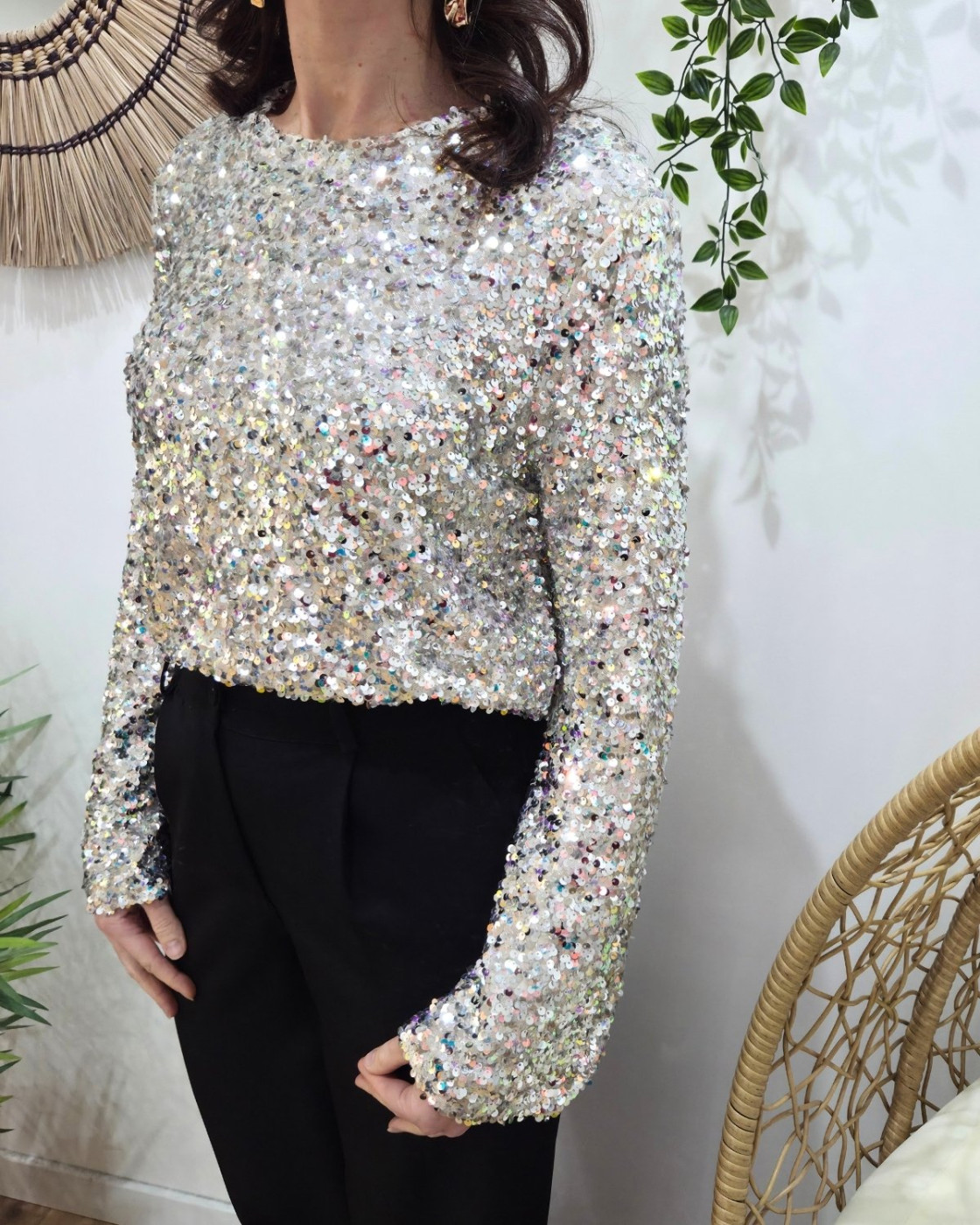 Blouse femme à sequins argents manches longues