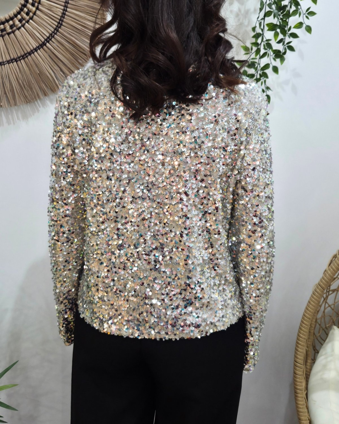 Blouse femme à sequins argents manches longues