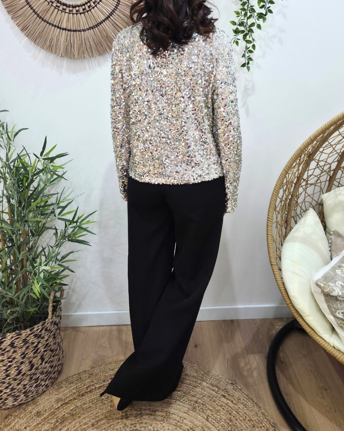 Blouse femme à sequins argents manches longues