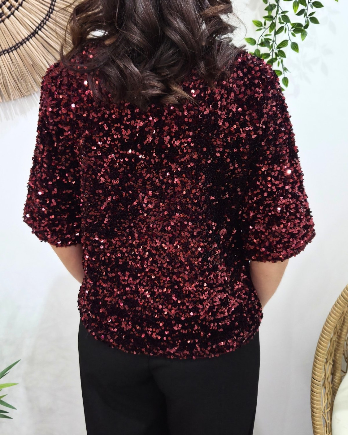 Blouse femme à sequins rouge bordeaux