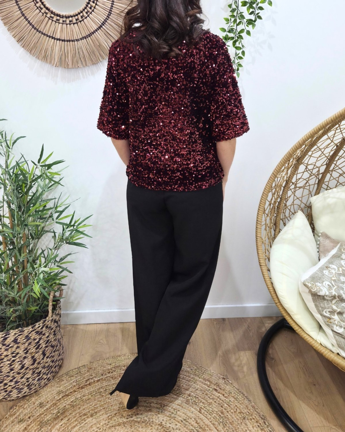 Blouse femme à sequins rouge bordeaux