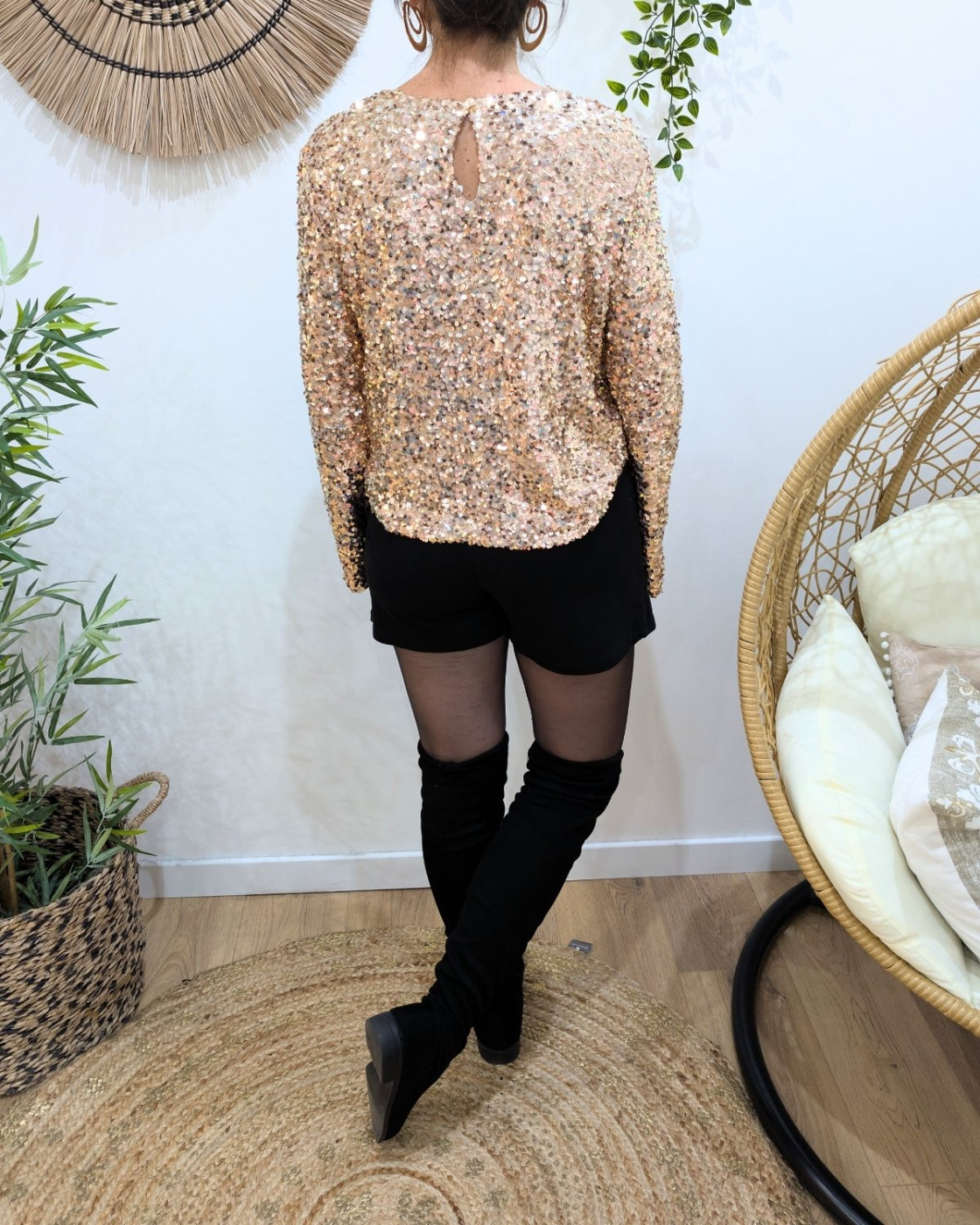 Blouse femme à sequins rose gold manches longues