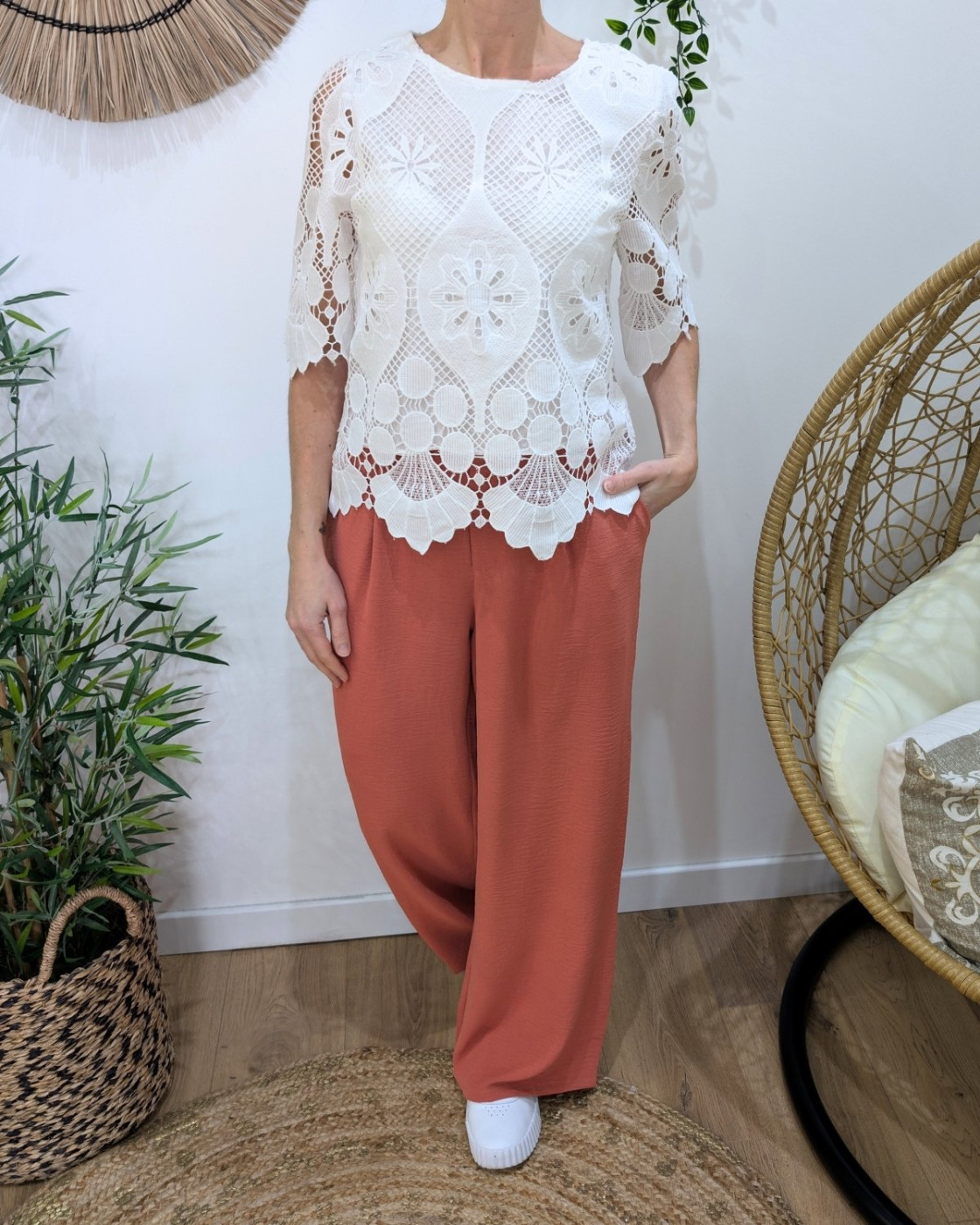 Blouse femme manches courtes dentelle blanc