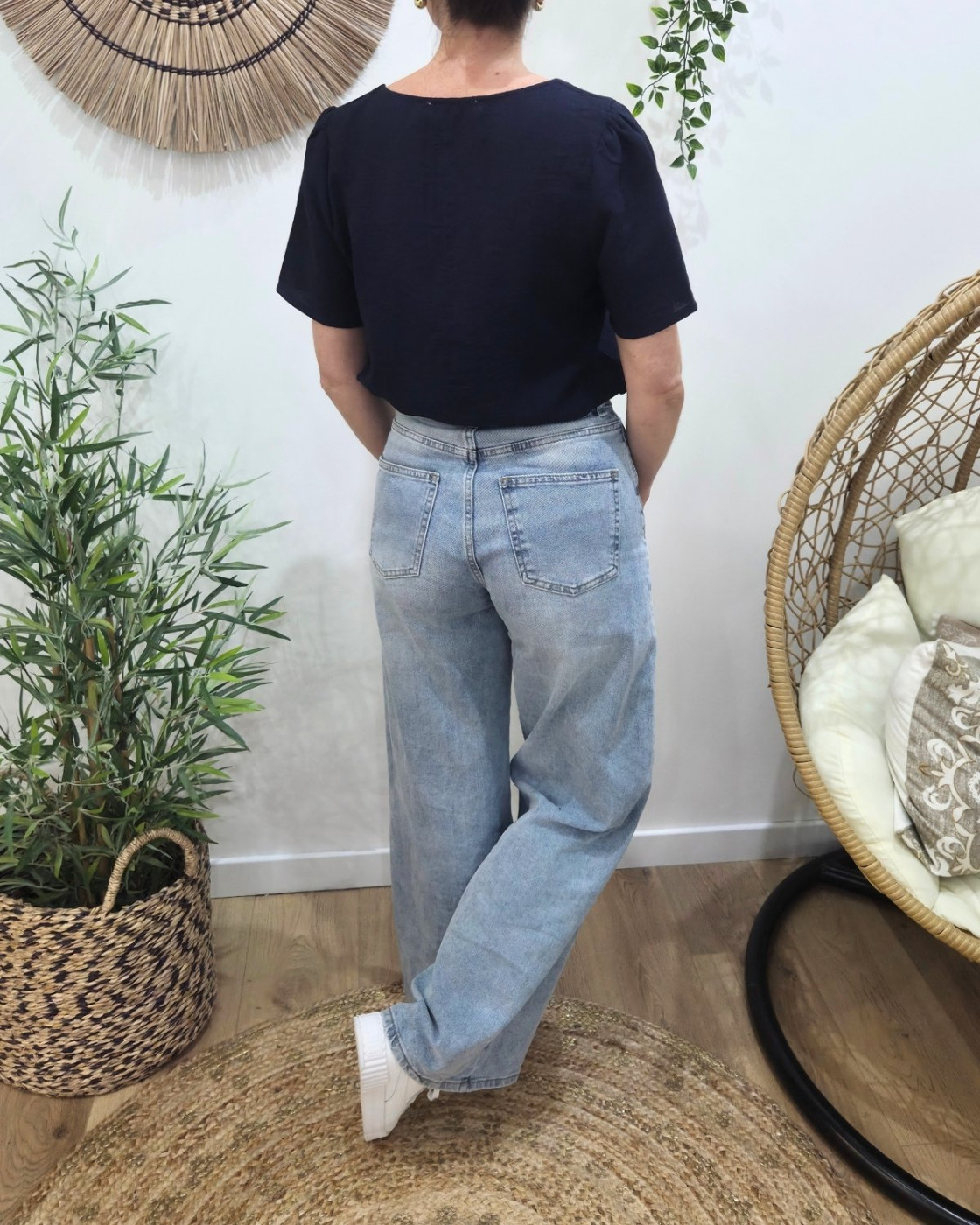 Blouse femme manches courtes marine broderies fleurs blanches 