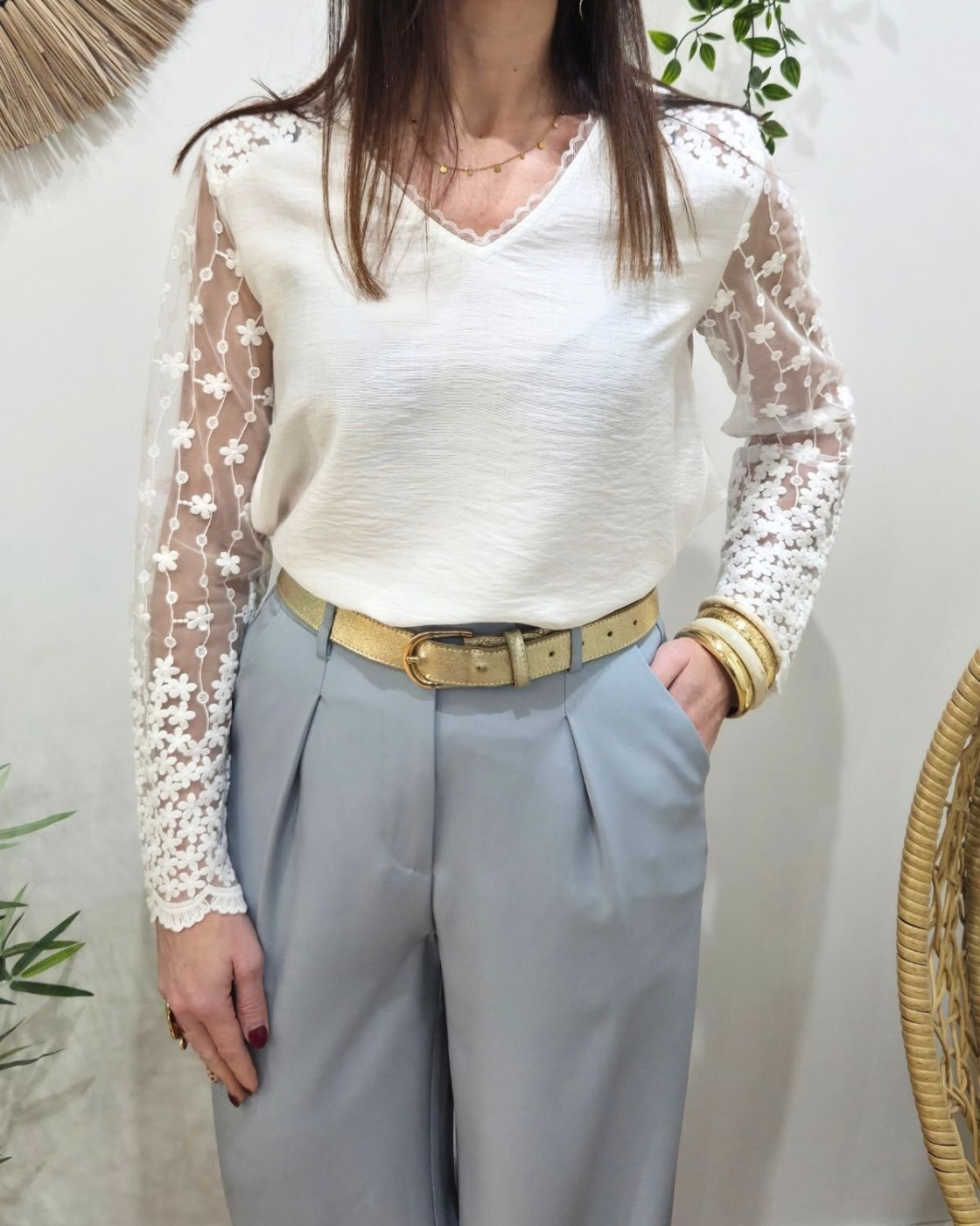 Blouse femme écru manches longues brodées Liv