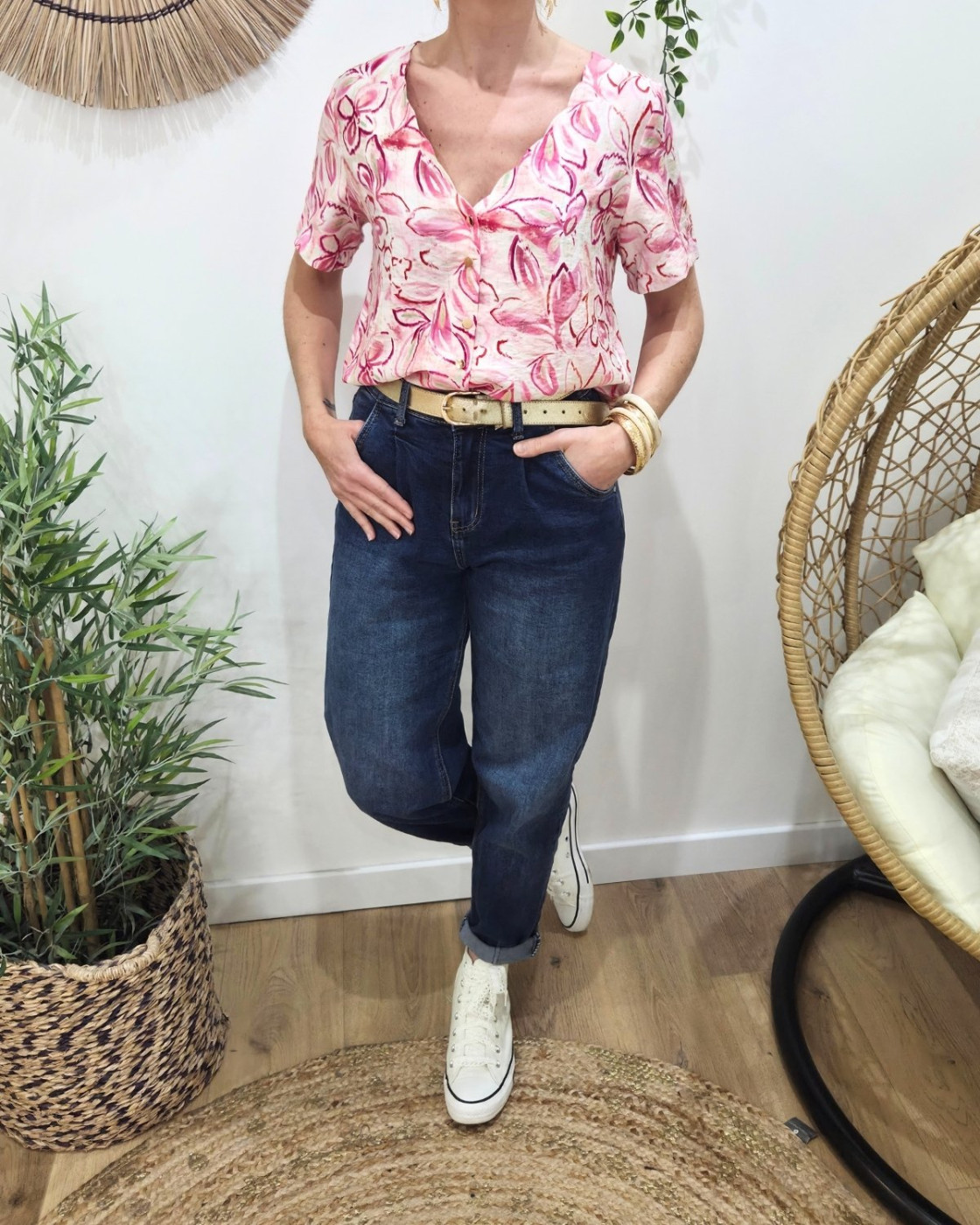 Blouse femme manches courtes rose fleurie Thémis